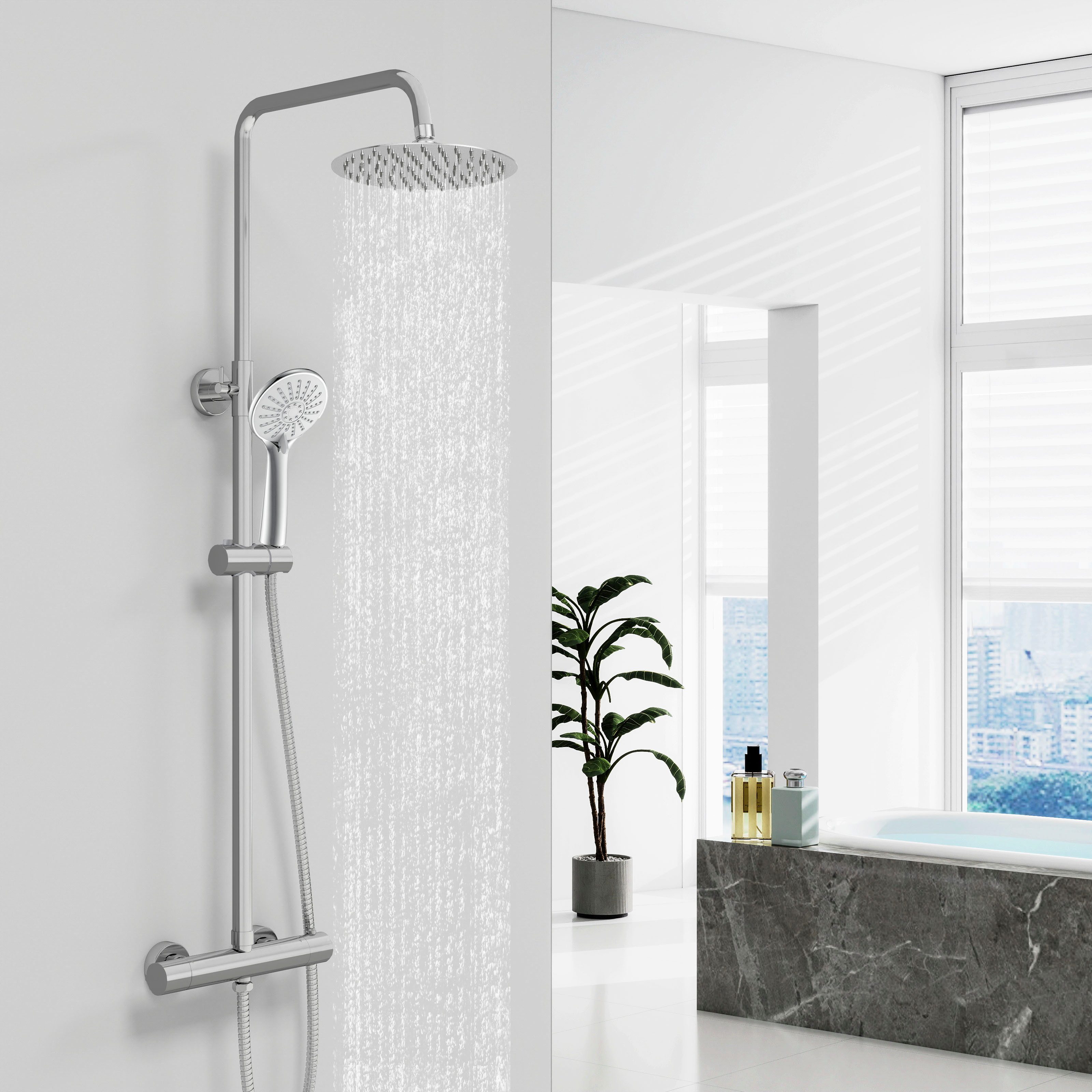 Aica Sanitär Duschsystem mit Thermostat Duscharmatur Regendusche Duschset Duschsäule Dusche, Set, Brauseschlauch mit Verdrehschutz, 8/10 Zoll