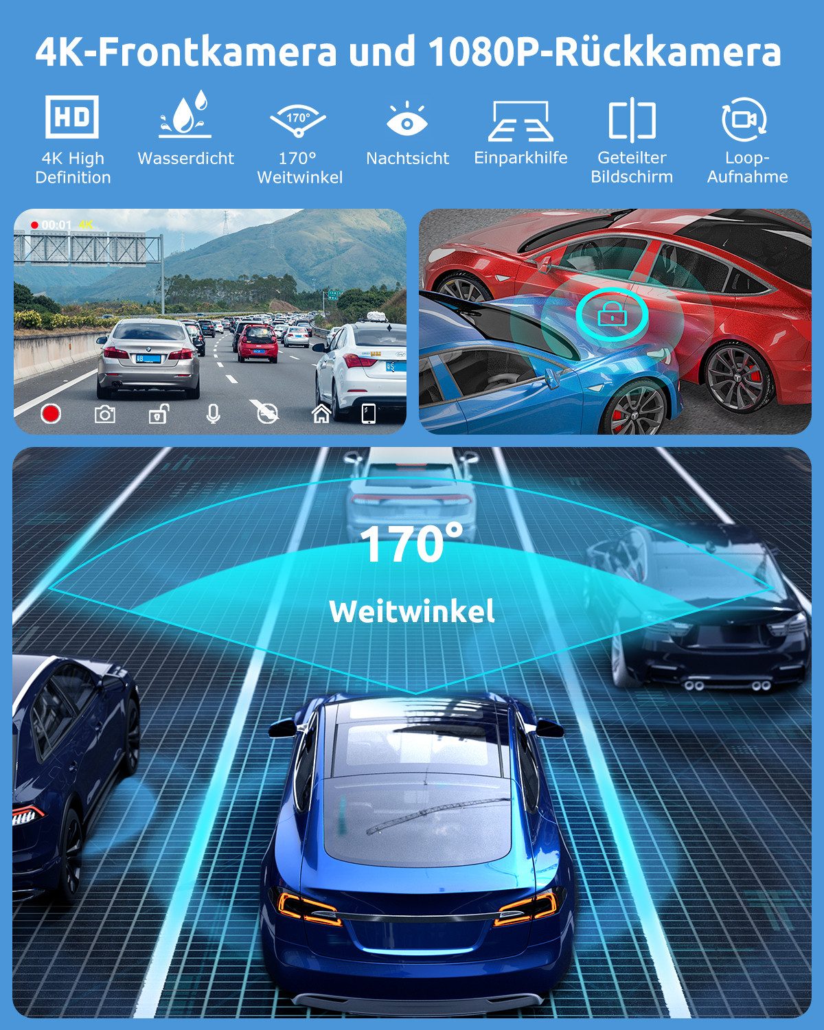 XGODY 4K 10.26" Wireless Carplay Android Auto Display Vorne Rückfahrkamera Navigationsgerät (Tragbar Autoradio Rückfahrkamera IPS Touchscreen GPS Navi FM AUX)