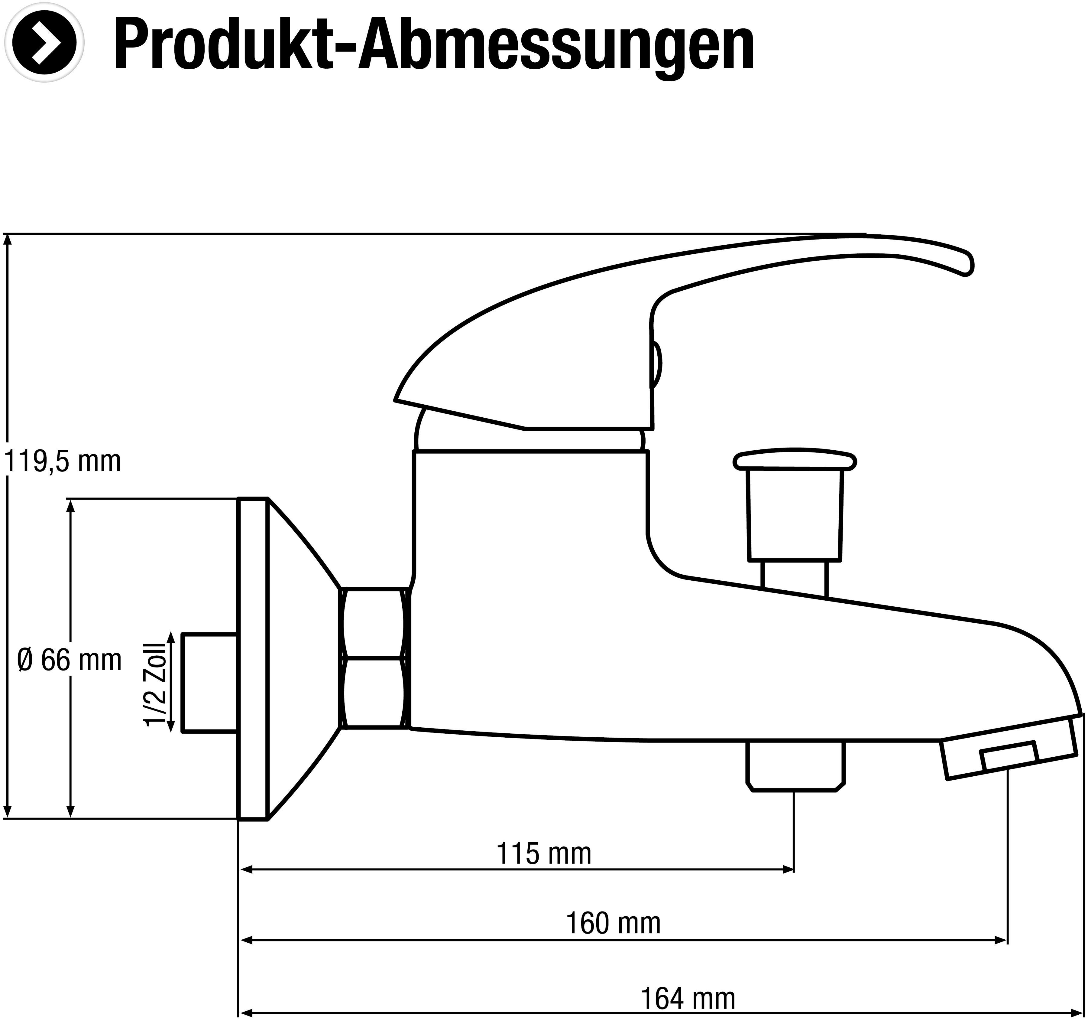 CORNAT Badarmatur "Fabio" Hochwertiger Messingkörper - verchromt - 1/2 Zoll Brauseabgang Einhebelmischer zur Wandmontage / Wannenbatterie / Badewannen-Armatur