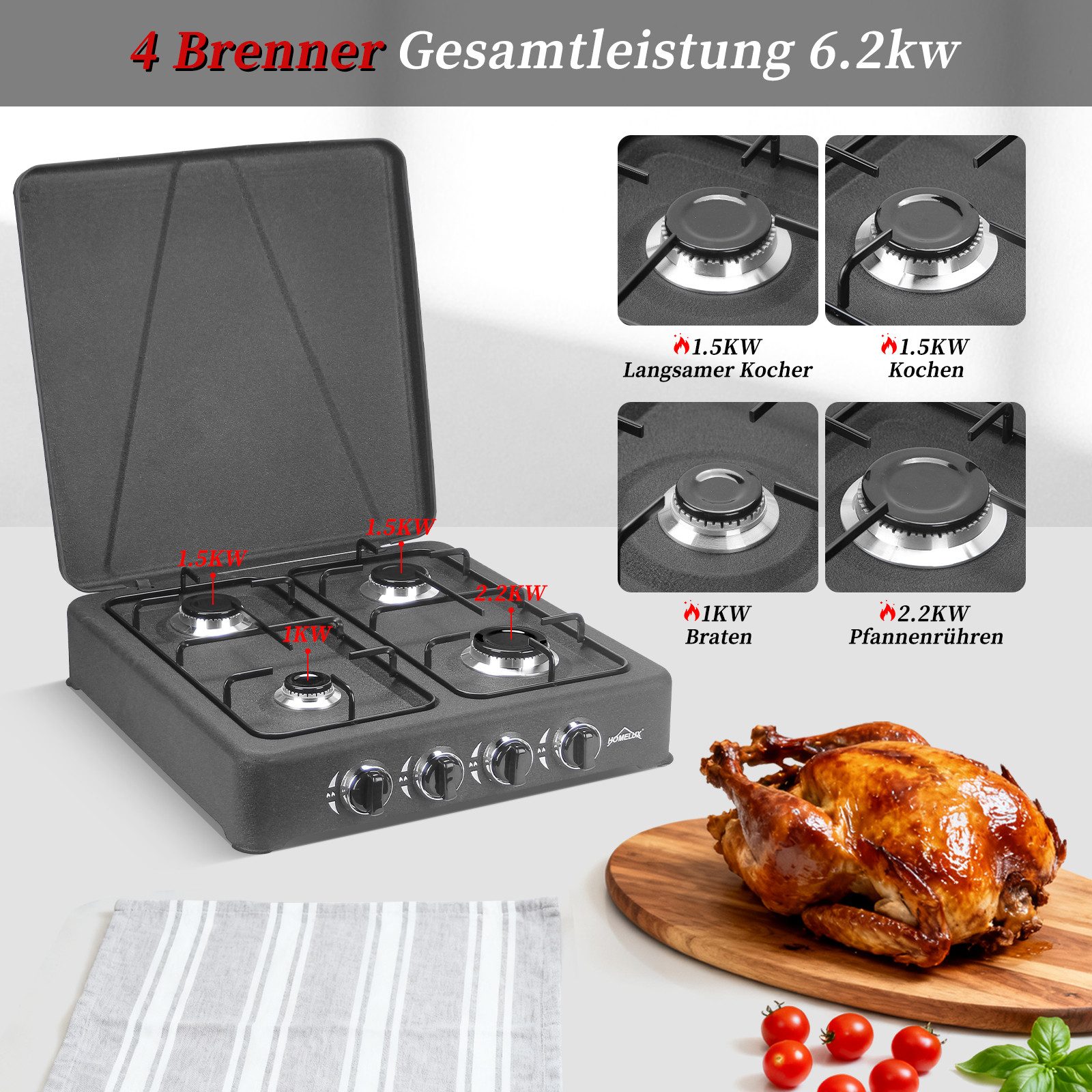 HOMELUX Gaskocher 6,2 KW Gaskocher, 4 Flammig Campingkocher Kochfeld, (2,2 kW + 2x 1,5 kW + 1,0 kW), Gaskocher mit Schlauch-Anschluss und Druckmindere