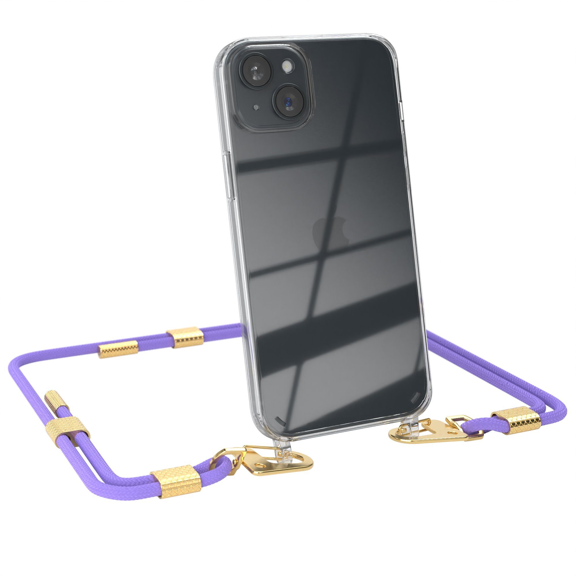 EAZY CASE Handykette Silikonhülle mit Kette für Apple iPhone 15 Plus 6,7 Zoll, Smartphonekette Cover Silikonhülle Umhängetasche Flieder Lila Gold