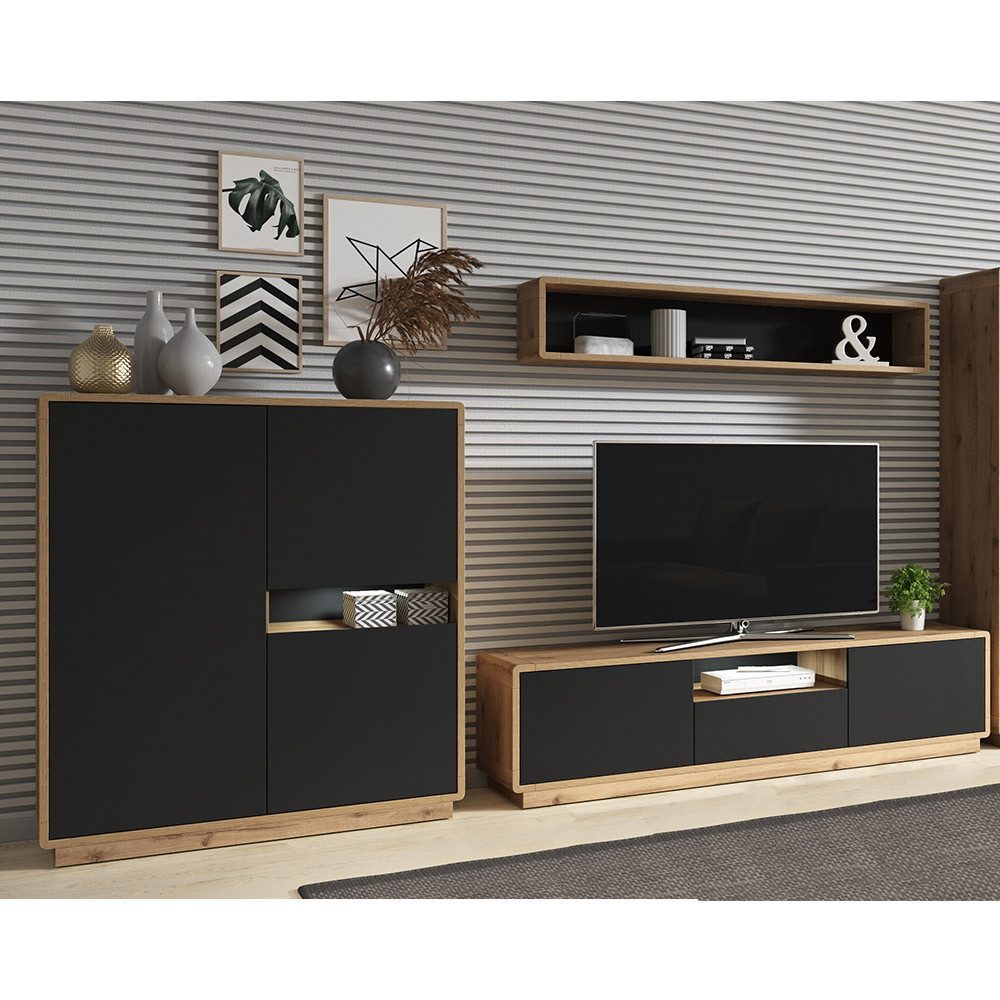 Lomadox Wohnwand ALBANY-83, (3-St), Taurus Eiche Nb. mit schwarz matt 316/180/40 cm