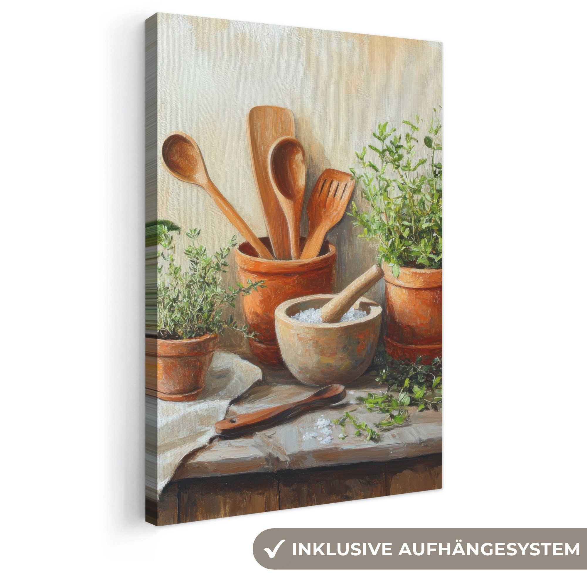OneMillionCanvasses® Leinwandbild Töpfe - Kräuter - Holz, Fotodruck (1 St), Leinwand Canvas Wandbild, Wanddekoration 20x30 cm