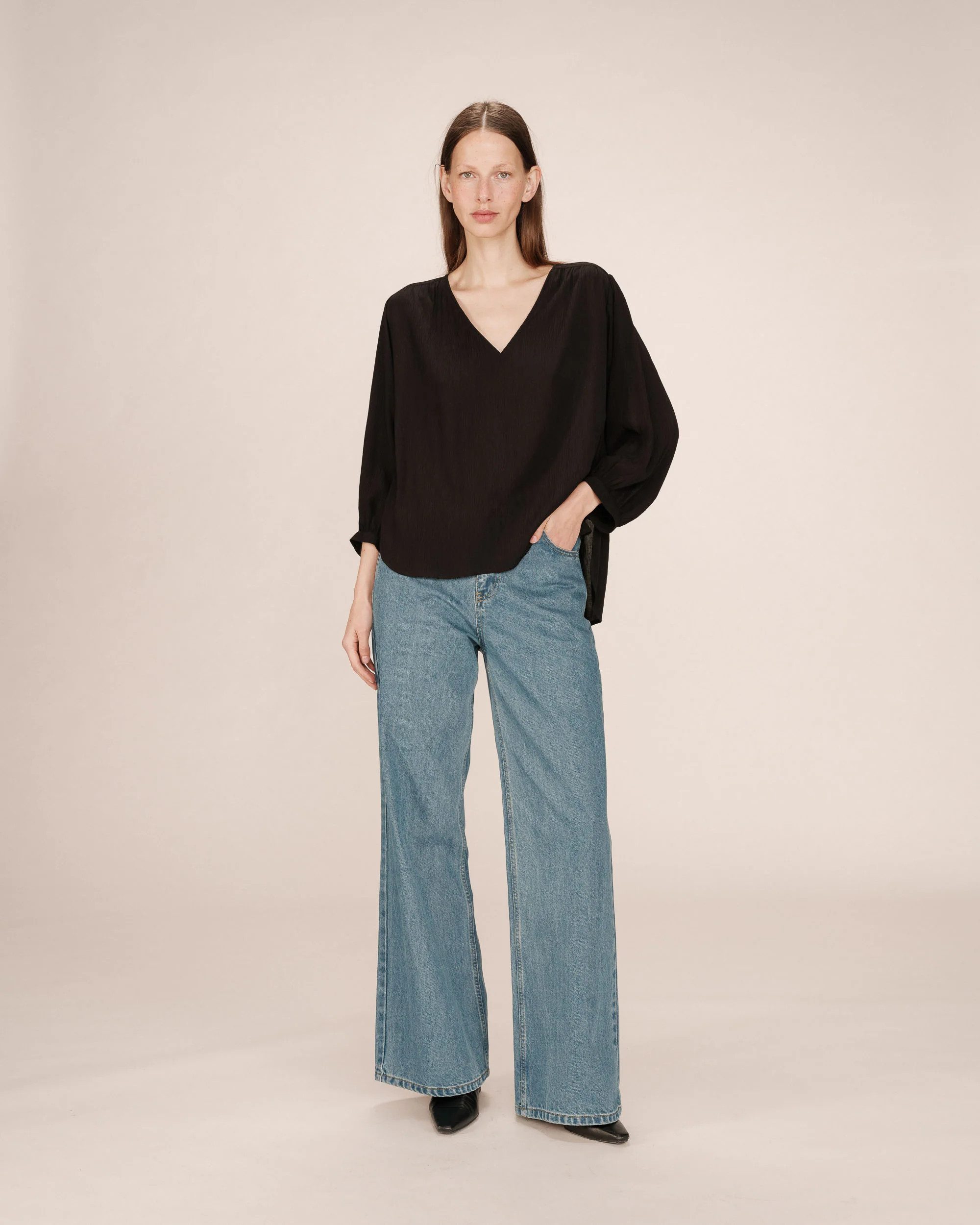 Grace & Mila Langarmbluse Flowy straight blouse SOLO ? V-Ausschnitt ? lockere 3/4 Arm Bluse