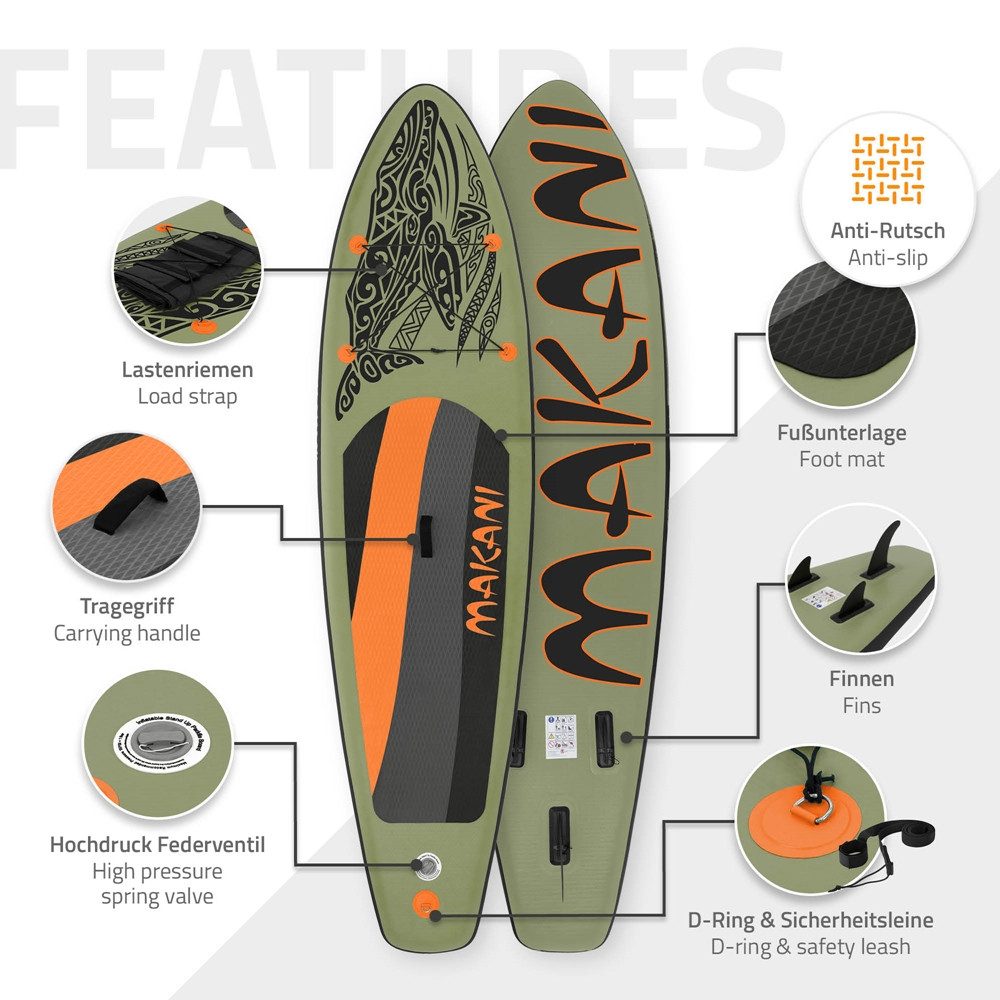 ECD Germany SUP-Board Stand Up Paddle Board aus PVC Paddelboard Paddling Board, Stand-Up Paddle-Board, SUP Board 320x80x15 cm 120 kg Traglast rutschfest olive inkl Zubehör