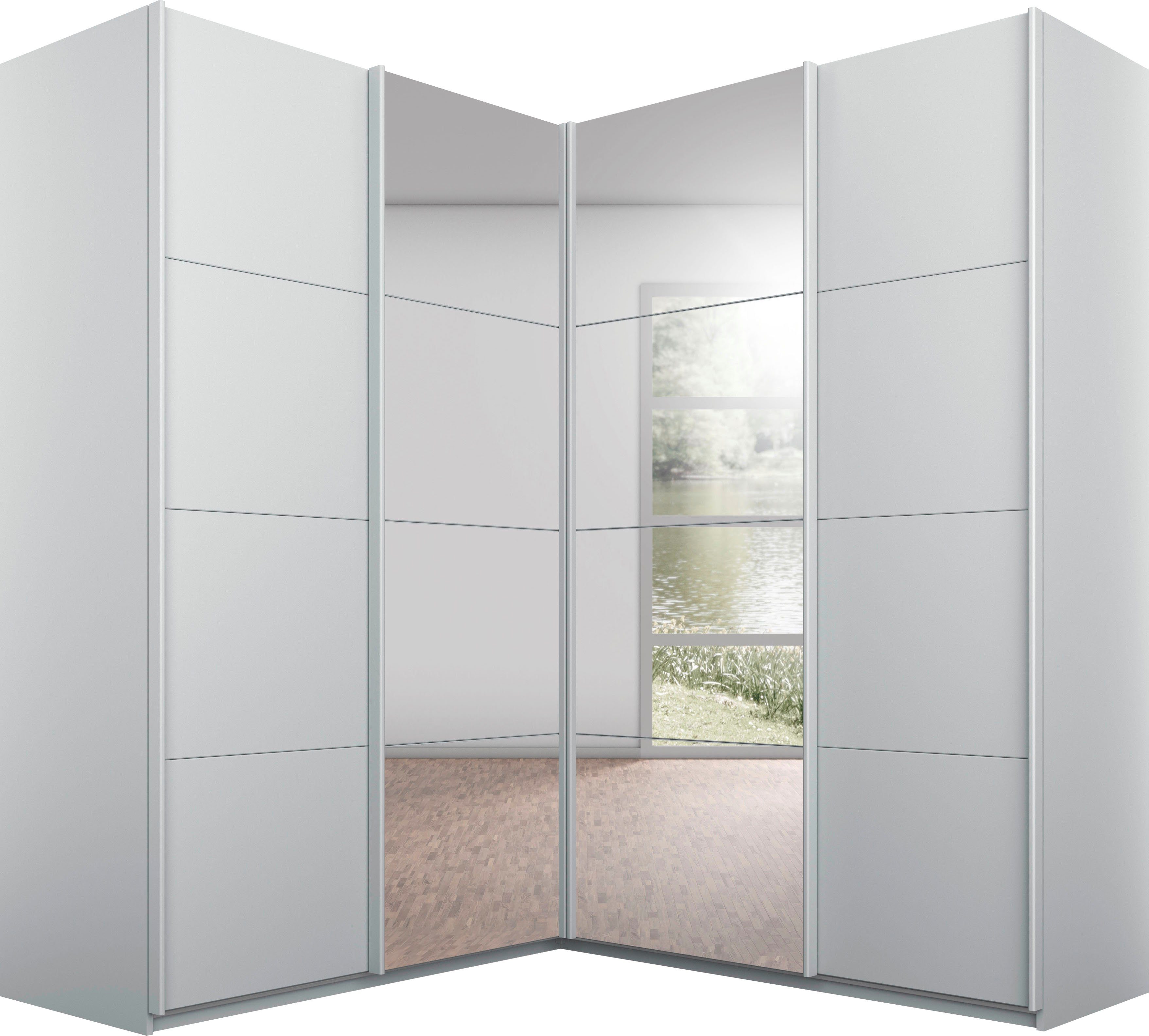 rauch Schwebetürenschrank Schrank Garderobe Eckkleiderschrank QUADRA Front in Dekor/Hochglanz (Maß 181x187 cm, Höhen 210/229 cm, inkl. Soft-Close-Funktion) extra großer Eckschrank inkl. Schubladeneinsatz MADE IN GERMANY