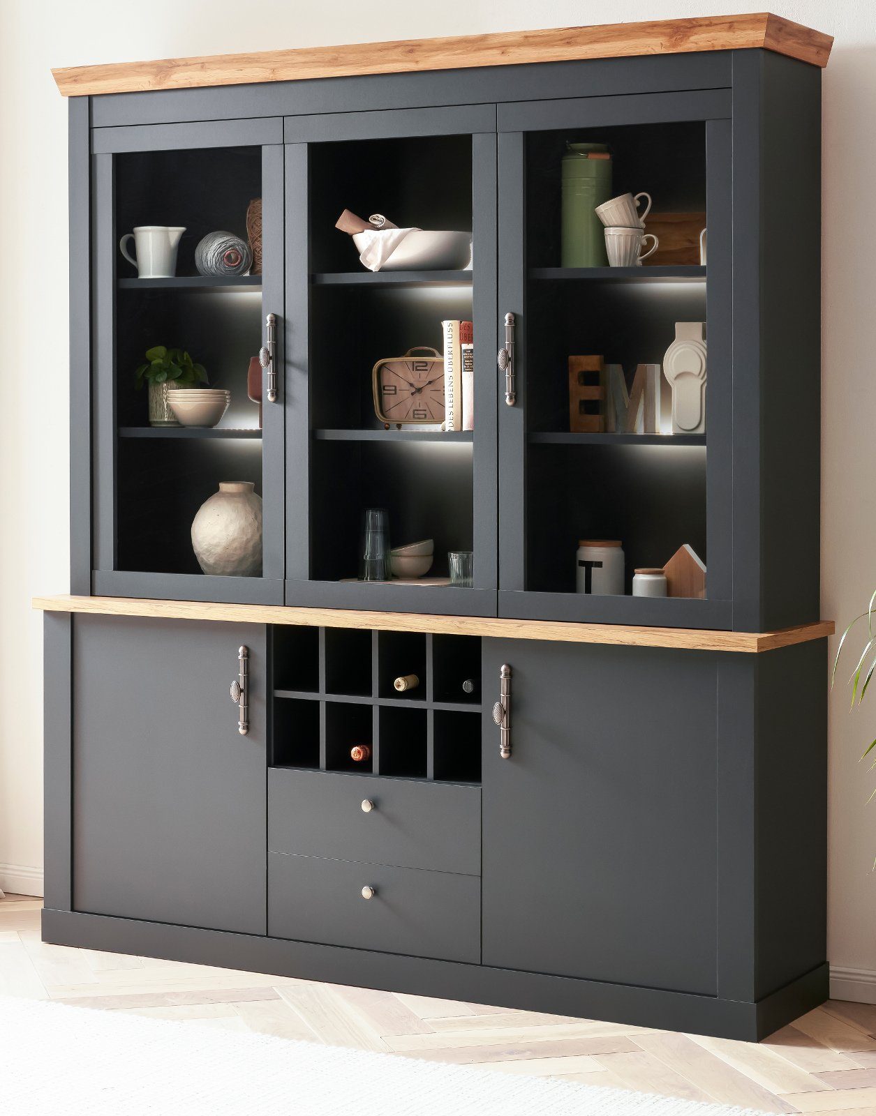 Furn.Design Buffet Ribera (Buffetschrank im matt grau mit Wotan Eiche, 184 x 205 cm) mit Soft-Close-Funktion