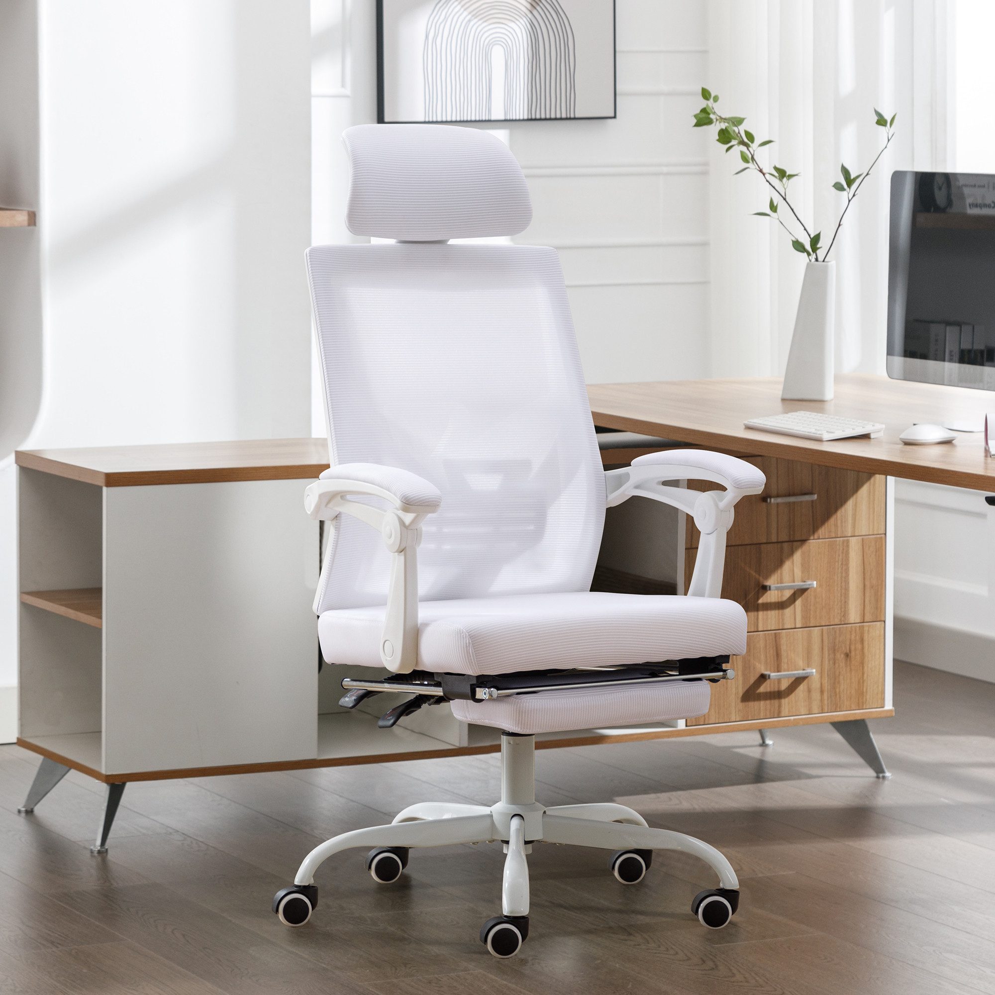 UEV Bürostuhl Schreibtischstuhl ergonomisch,Chefsessel bis 136 kg Höhenverstellbar (atmungsaktiver Stoff drehstuhl mit Armlehnen, Dynamischer Lordosenstütze), neigebar bis 135° verstellbarer Kopfstütze Fußstütze