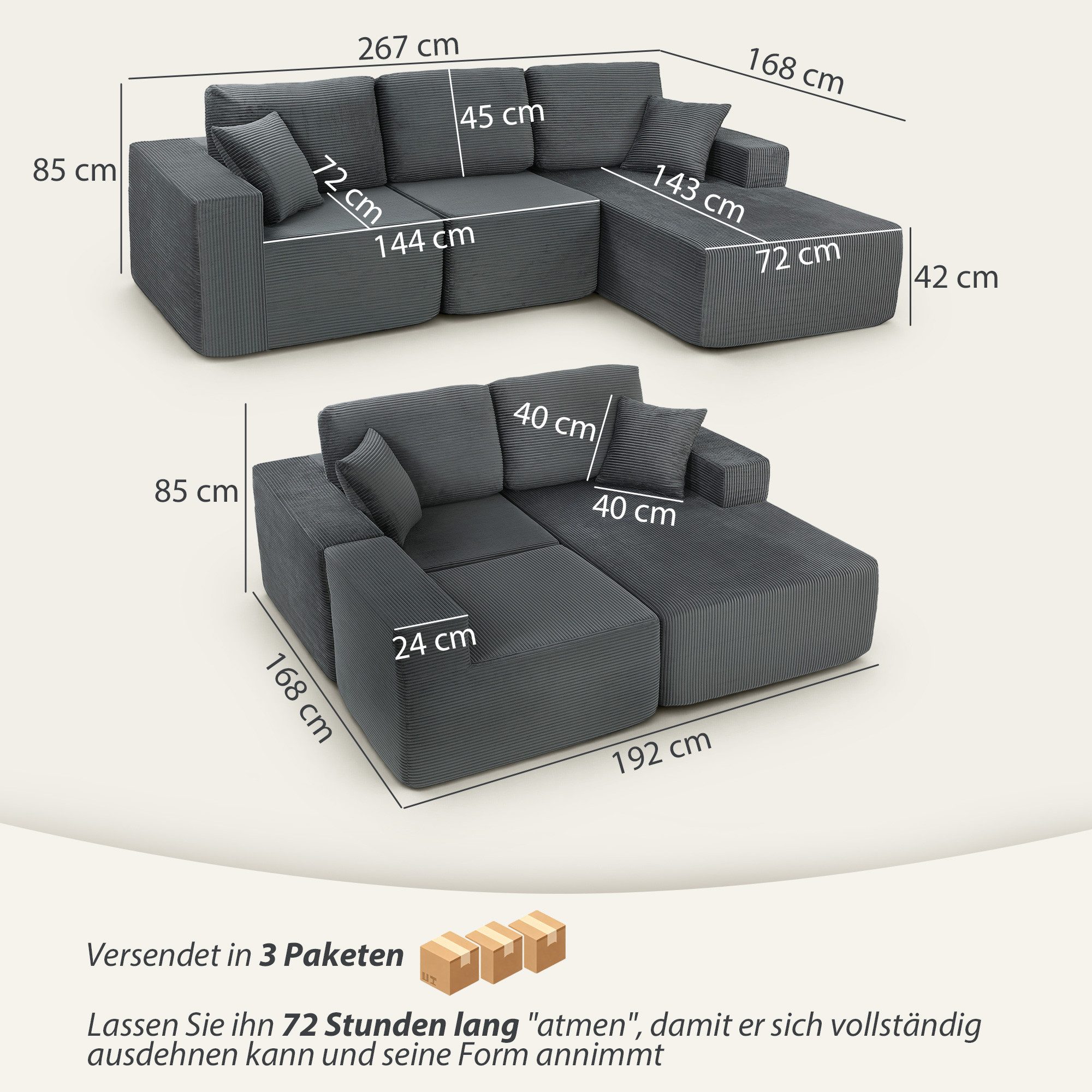 HOMCOM Ecksofa Breite Sitzfläche, 3-Sitzer Schlafsofa 2 in 1 3 Teile, mit Kissen, Cord-Optik für Wohnzimmer, Dunkelgrau