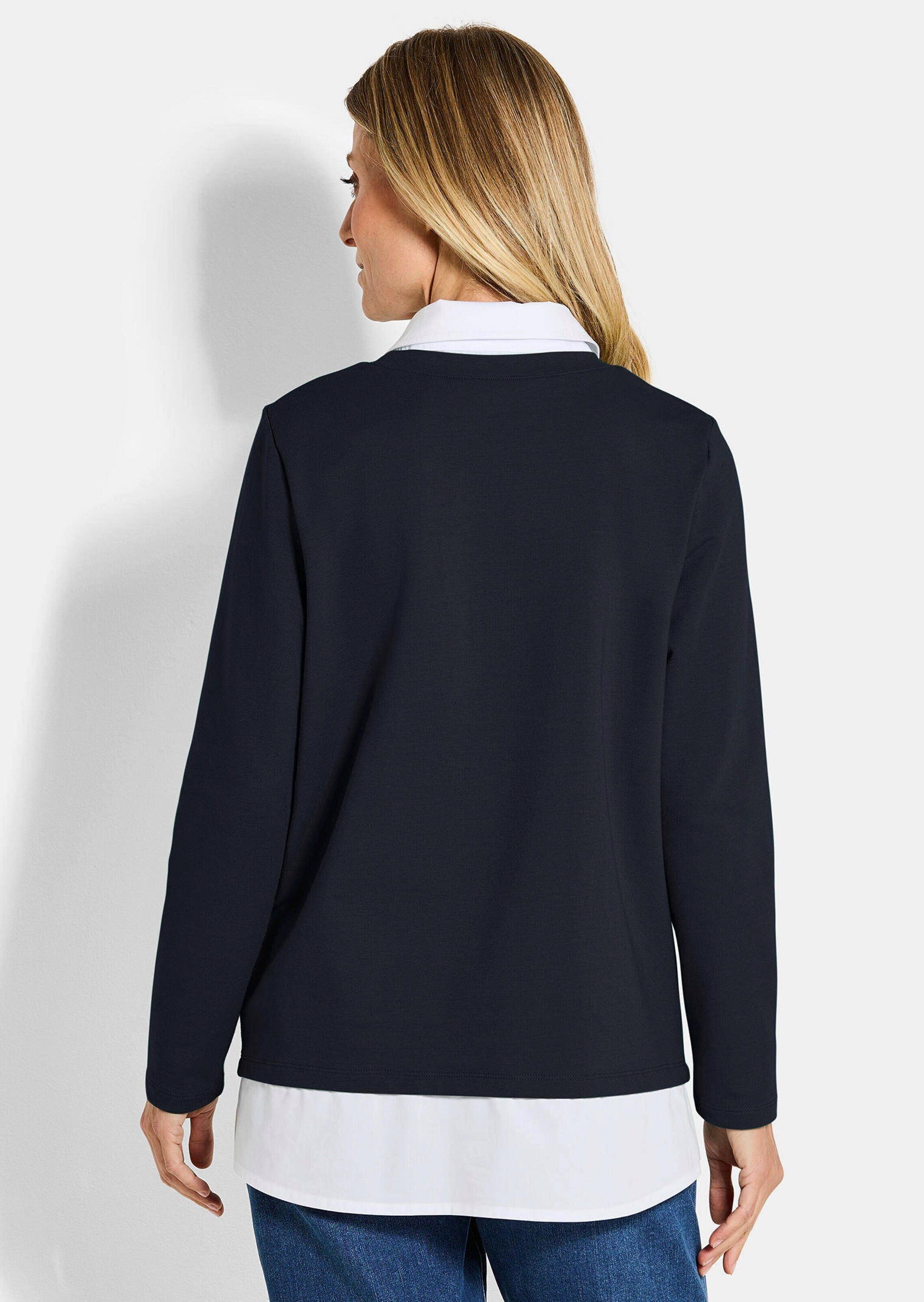 GOLDNER Longshirt Elegantes 2-in-1 Business-Oberteil Langarm-Shirt mit Hemdkragen und Hemdsaum, hüftumspielend, Baumwolle