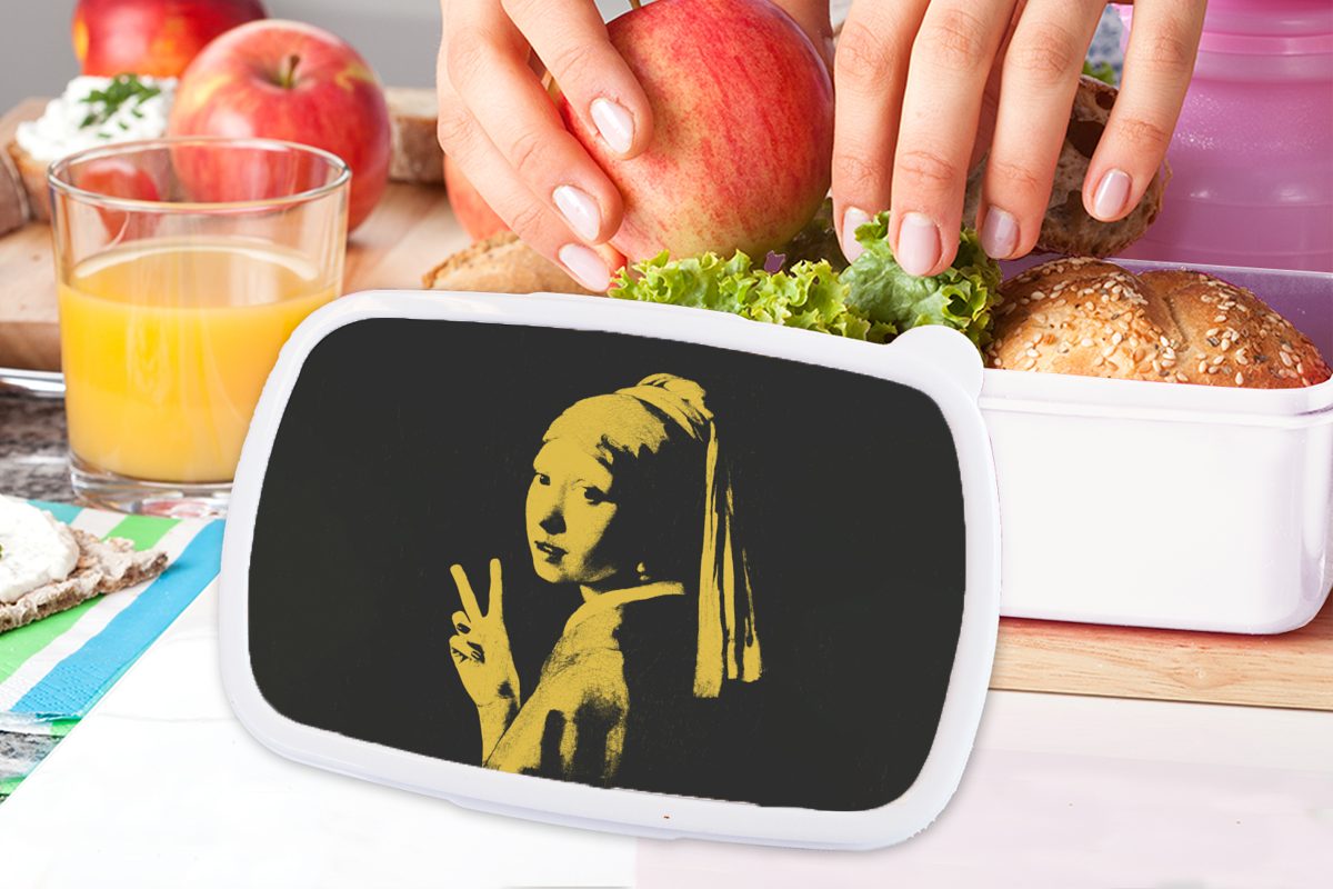 und Brotdose, Kinder Mädchen Lunchbox für (2-tlg), Brotbox Vermeer Das und für Erwachsene, MuchoWow Perlenohrring Mädchen Jungs - - Kunststoff, mit weiß dem Frieden,