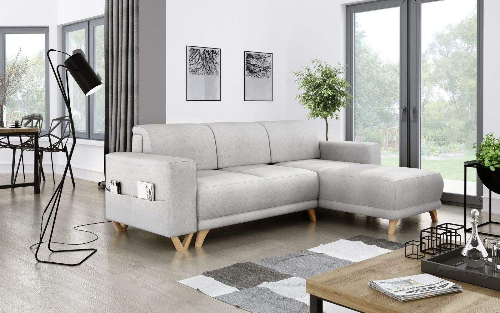 Polster Bettfunktion Sofa Bettfunkt, Design Textil Mit JVmoebel Ecksofa Schlafsofa Couch Grau L-Form Sofa