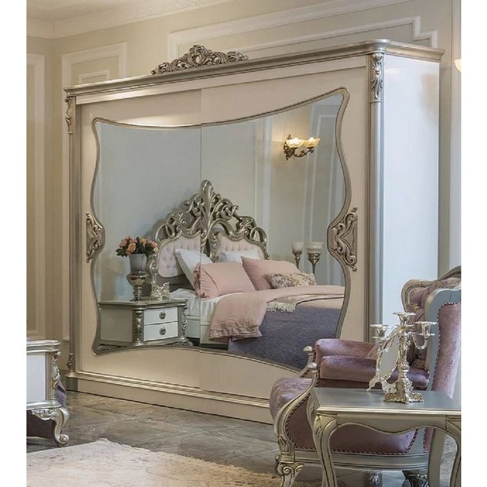 Casa Padrino Kleiderschrank Luxus Barock Schlafzimmerschrank Weiß / Silber 260 x 72 x H. 244 cm - Edler Massivholz Kleiderschrank mit 2 verspiegelten Schiebetüren - Schlafzimmer Möbel im Barockstil - Luxus Qualität