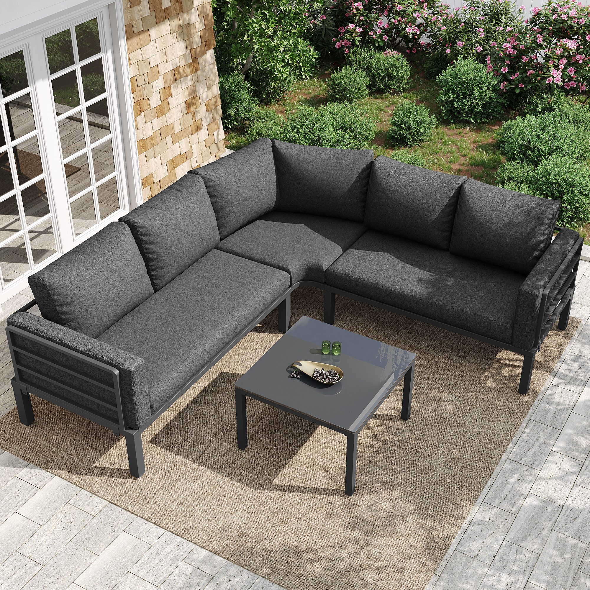 Flieks Gartenlounge-Set, 5-Sitzer Gartenmöbel Gartensofa mit Couchtisch aus gehärtetem Glas