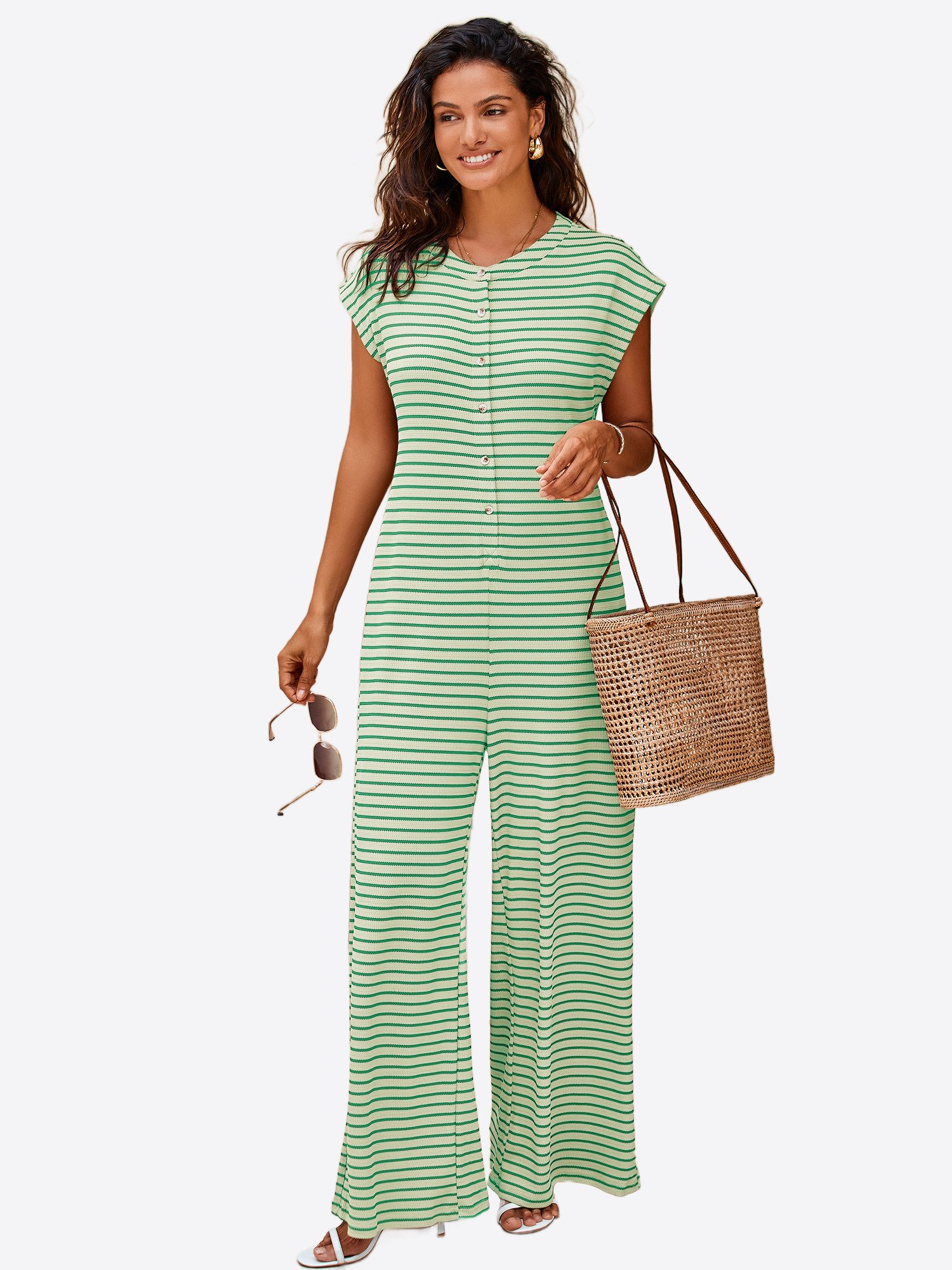 Imily Bela Jumpsuit Damen Hausanzug Homewear Gestreift Weit Bein Waffelstrick Sommer Loose (Packung, 1-tlg., 1per-Pack) mit Knopfleiste gehäkelt
