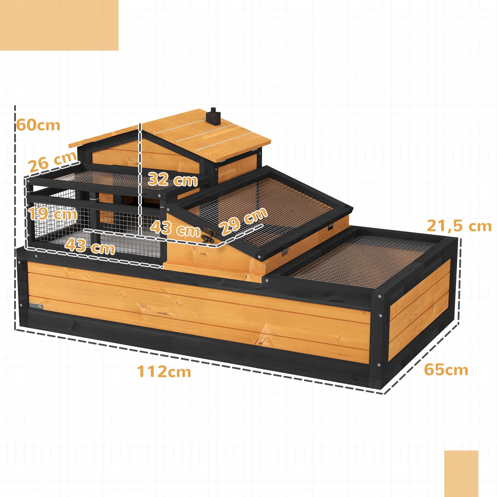 PawHut Kleintierstall Schildkrötenhaus aus Holz Schildkrötengehege mit 2 Ebenen, Outdoor für Kleintiere 112 x 65 x 60 cm, Gelb