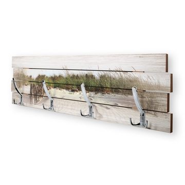 Kreative Feder Wandgarderobe Wandgarderobe "Strand" aus Holz, im Shabby-Chic-Design farbig bedruckt ca. 30x100cm 4 Doppel-Haken