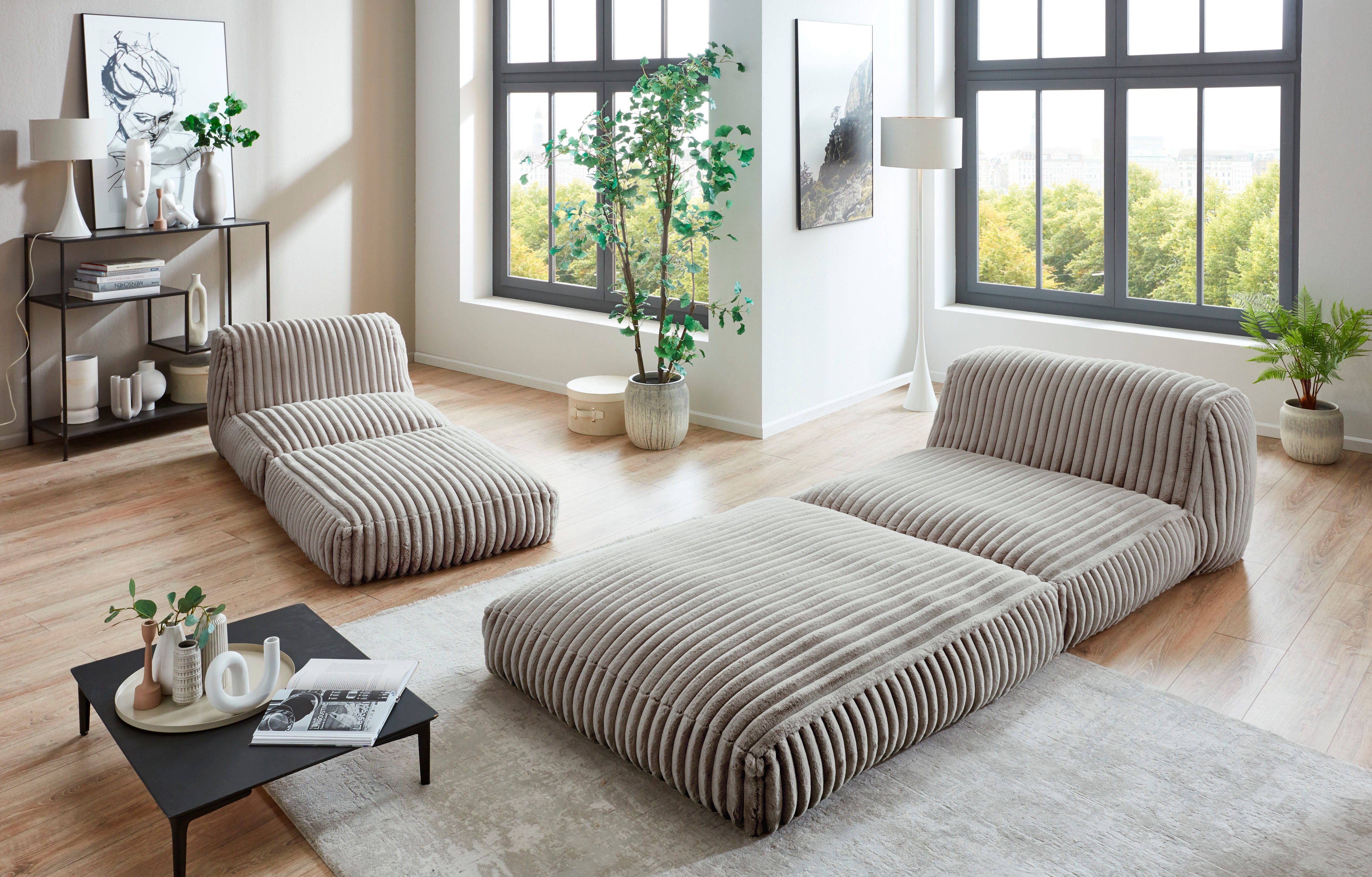 INOSIGN XXL-Sessel Pia, Loungesessel in Megacord, und Pouf-Funktion 2 grau Größen, Schlaffunktion