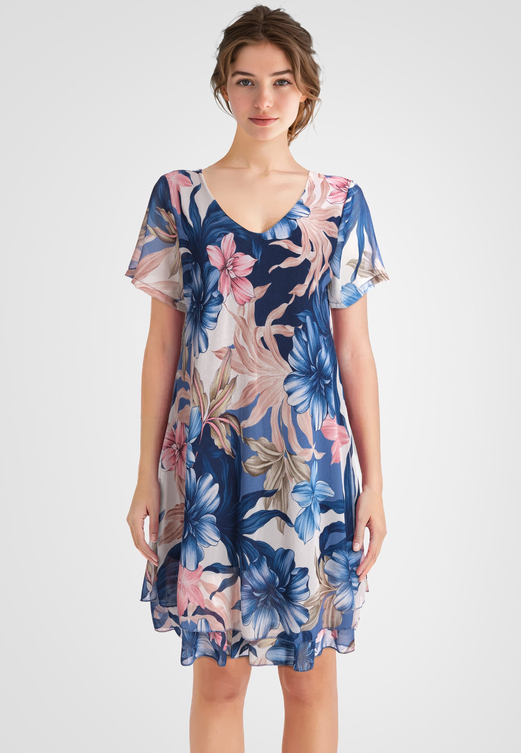 PEKIVESSA Sommerkleid Geblümtes Georgette-Kleid mit Volants günstig online kaufen