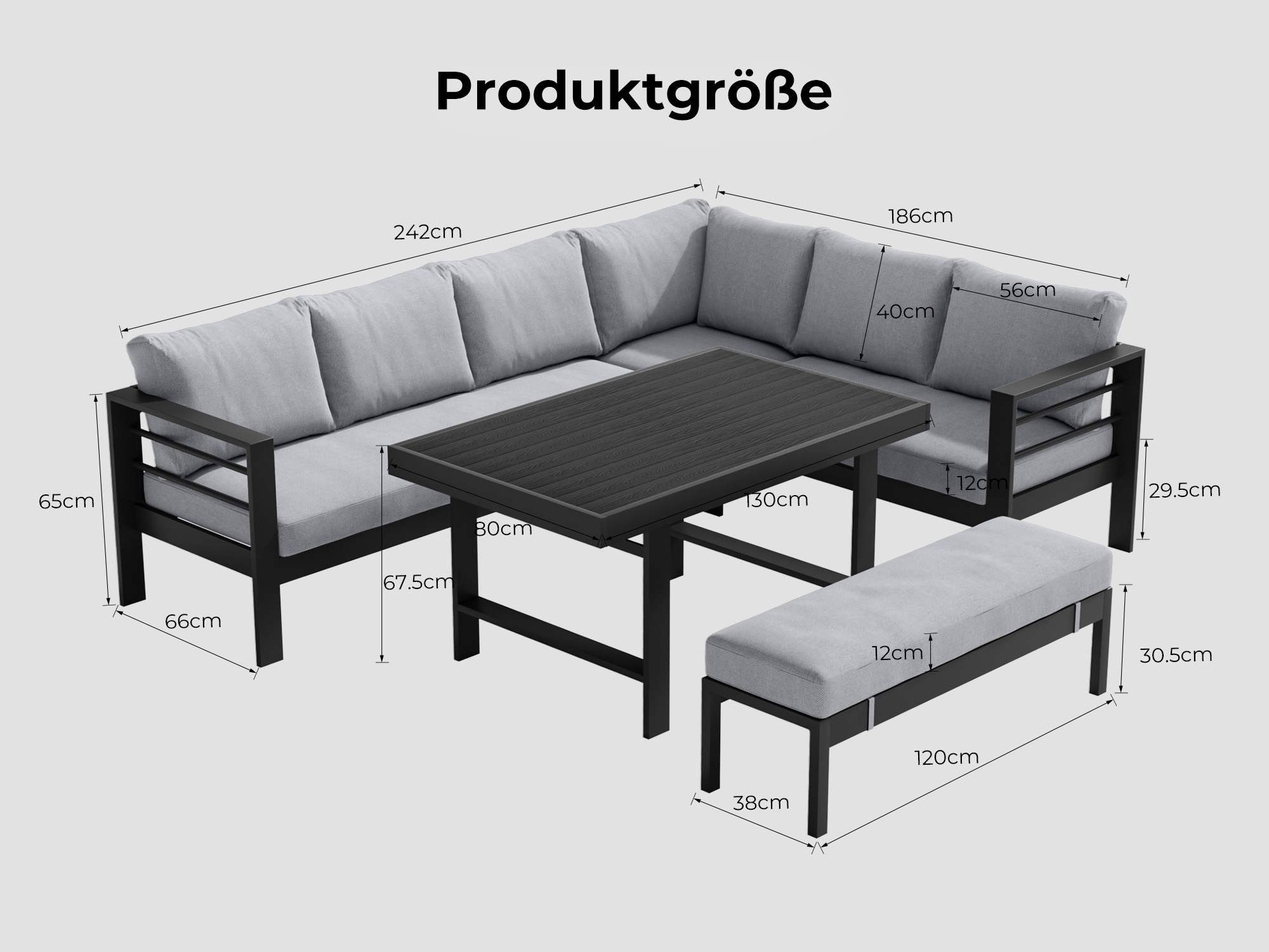 MeXo Gartenlounge-Set Outdoor Gartenmöbel Lounge-Set für 6-8 Personen, (Aluminium-Ecklounge, rechte Ecke, 5-tlg., wetterfest & pflegeleicht), großer Esstisch 130×80 cm, bis 140 kg belastbar je Sitz