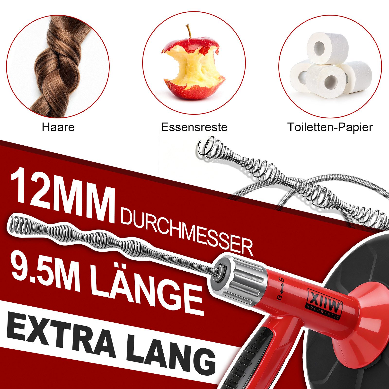 XERSEK Rohrreinigungsspirale 9.5M Abflussreiniger 2-in-1 Manuell + Bohrerantrieb, Reinigungsspirale, L: 950 cm, ∅ 12 mm, Für Rohre bis Ø80 mm - Badewanne Waschbecken Bodenablauf Ablauf
