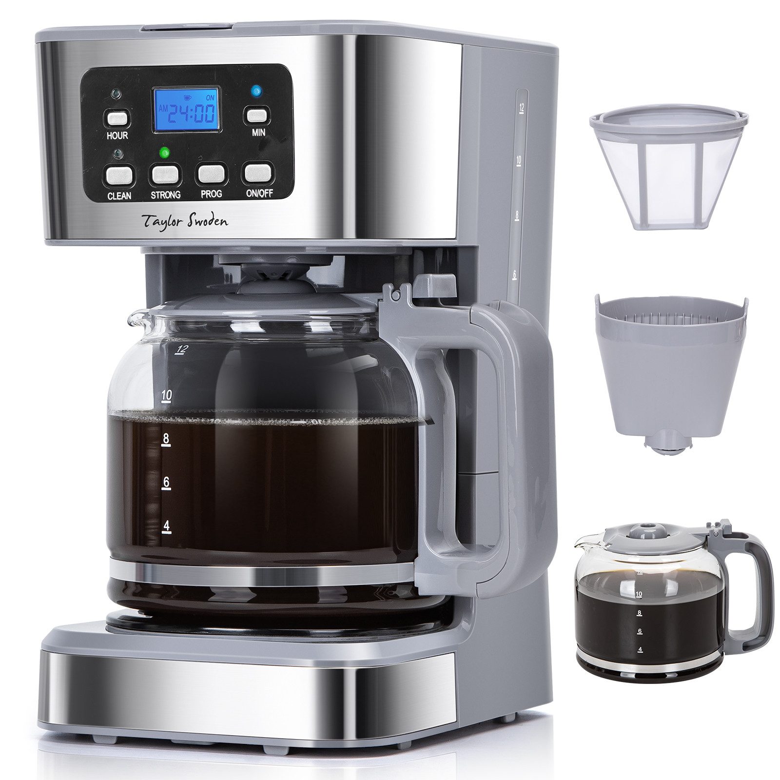 Taylor Swoden Filterkaffeemaschine 950 W, 1.5L/12 Tassen, Anti-Tropf, 24H Timer, 40 Mins Warmhaltefunktion, BPA-frei, 1.5l Kaffeekanne, Wiederverwendbarem Filter, 950W, Abschaltautomatik, BPA-frei