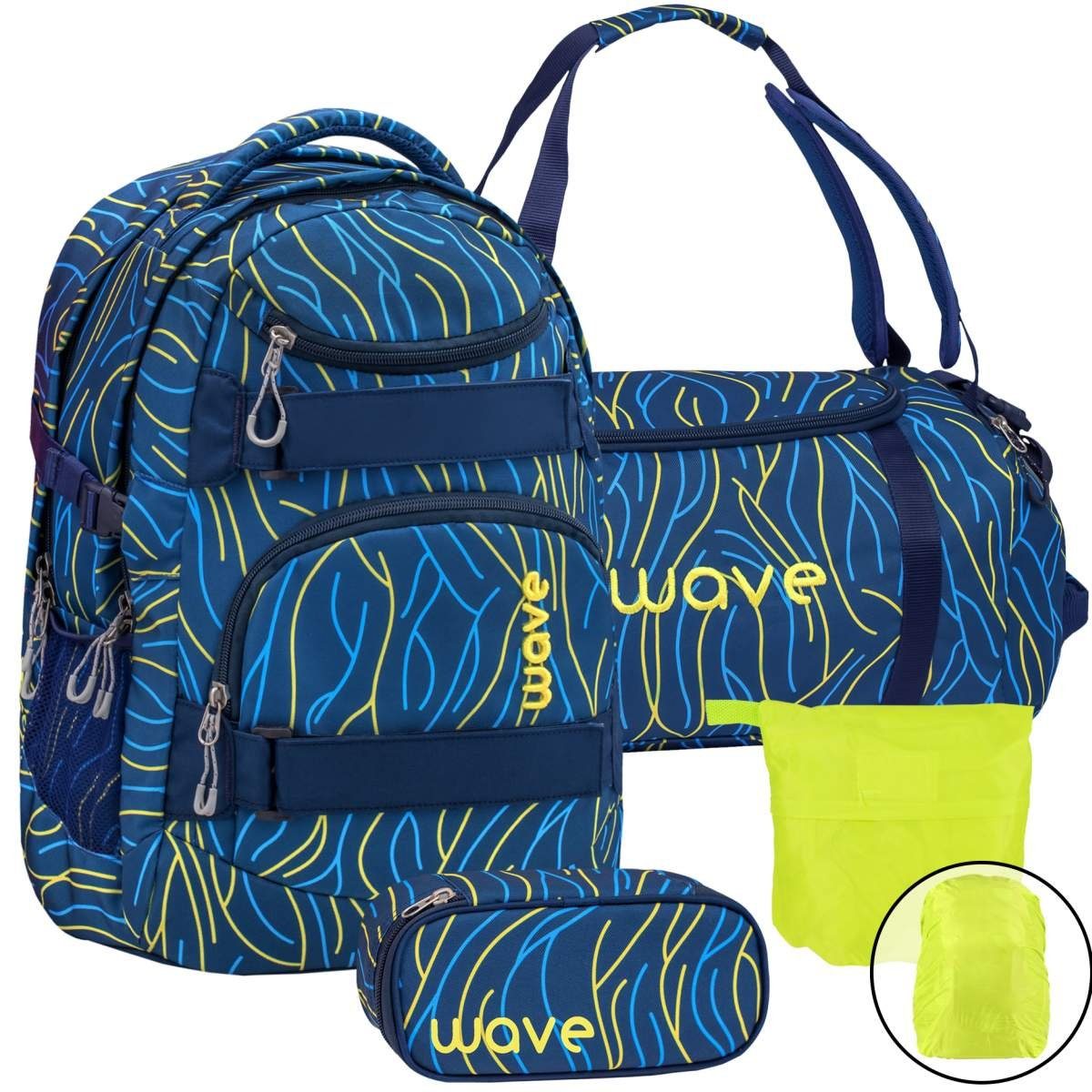 Wave Schulrucksack Infinity, Schultasche, ab 5. Klasse, weiterführende Schule, Set mit Regenhülle Yellow Lines