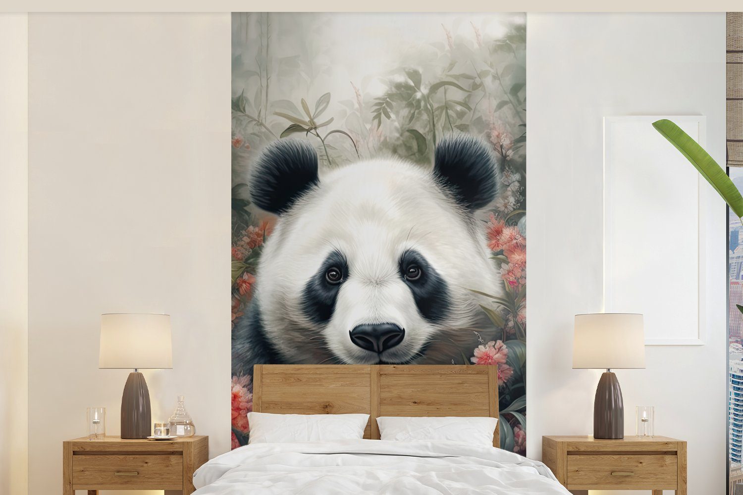 MuchoWow Fototapete Panda - Wildtiere - Blumen - Natur, Matt, bedruckt, (2 St), Vliestapete für Wohnzimmer Schlafzimmer Küche, Fototapete