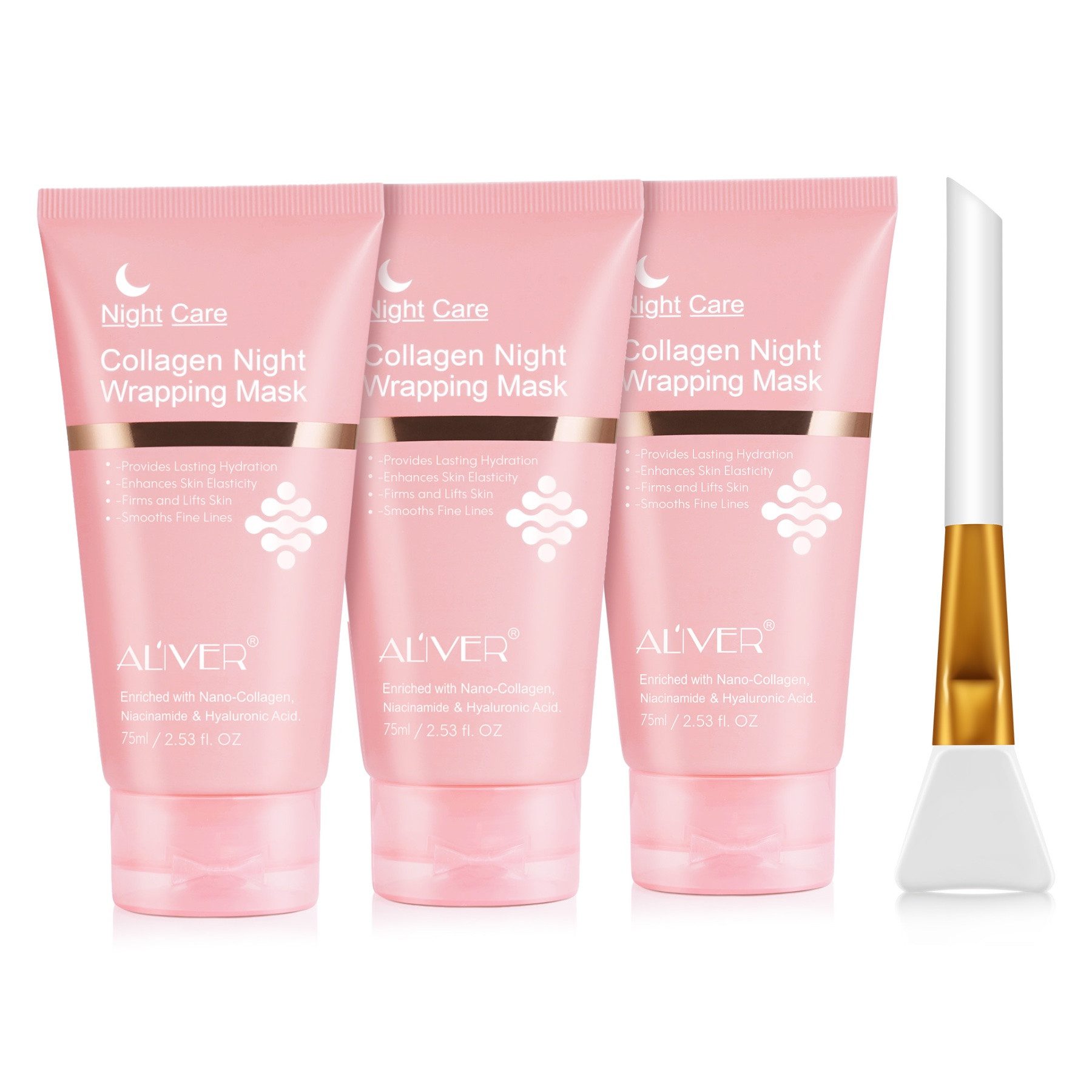 ALIVER Gesichtsmaske Collagen Maske Nachtmaske Gesichtsmaske Night Wrapping Mask mit Pinsel, 3-tlg., Spendet Feuchtigkeit, Anti Aging, Aliver, Nachtmaske