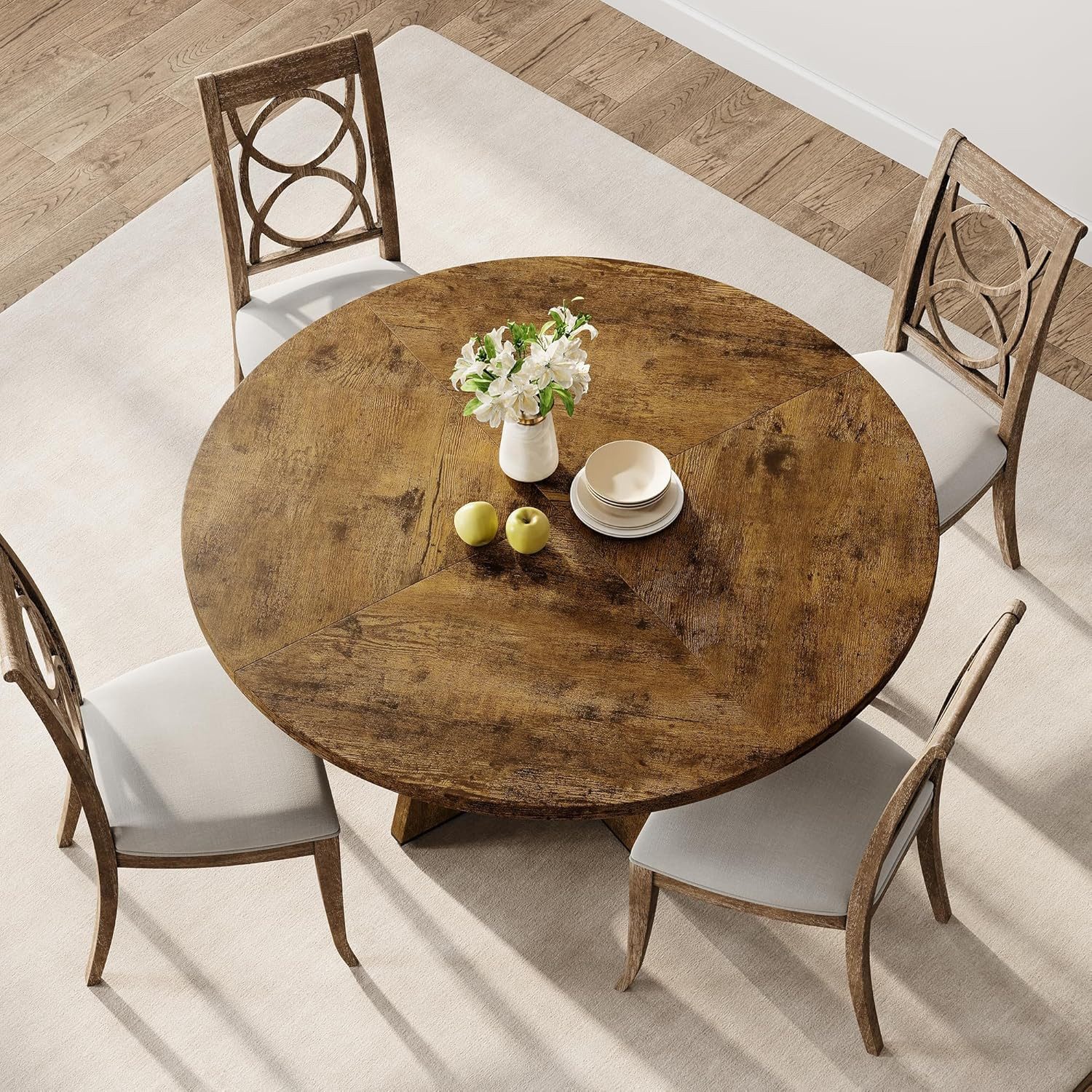 GarveeMore Esstisch runder im Industriestil mit Holzplatte und Beinen,120cm, Küchentisch aus Holz für 4 bis 6 Personen,für Esszimmer – Bild 3 von 5