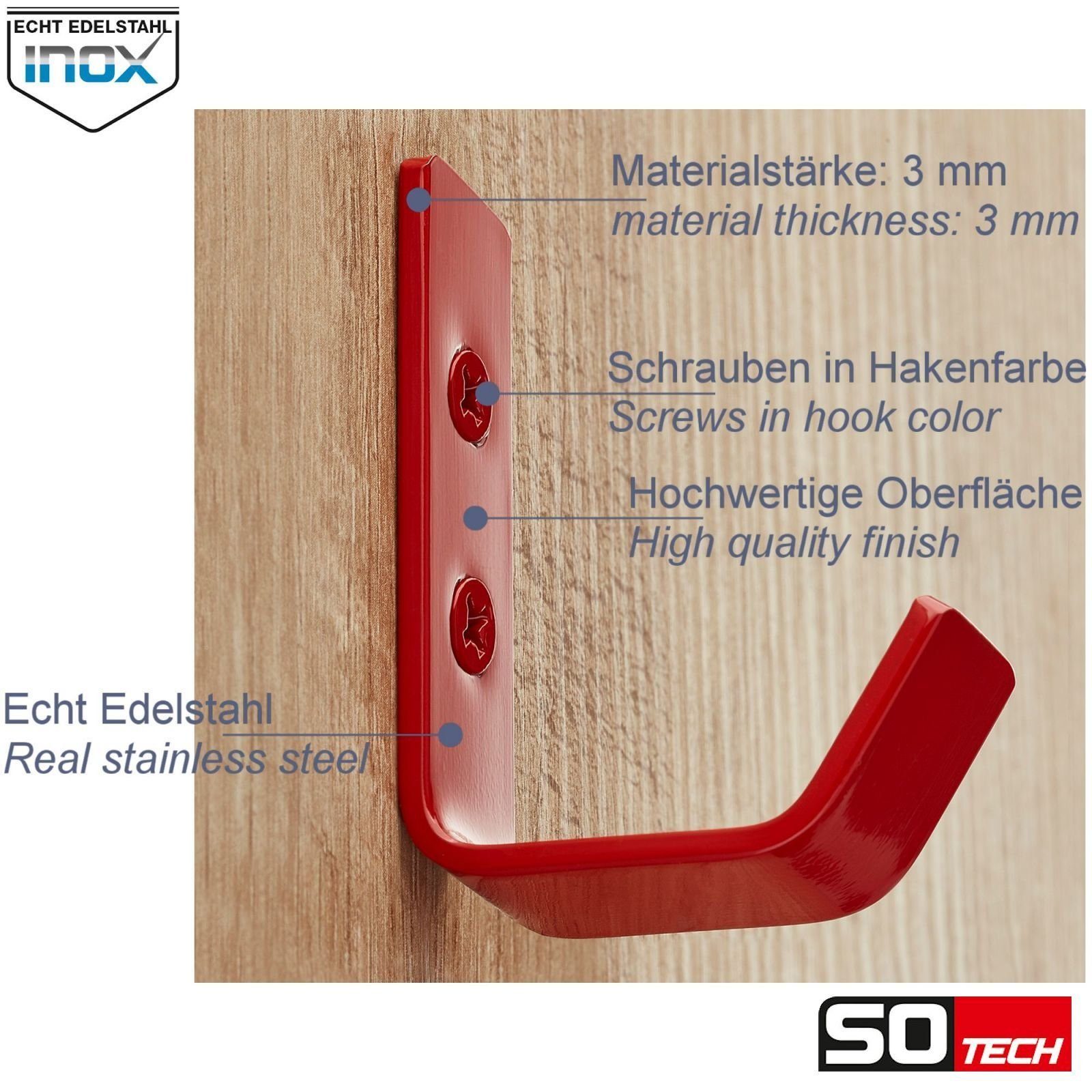 SO-TECH® Kleiderhaken Wandhaken, aus Edelstahl, 60 x 20 x 45 mm, (1-St), kleiner Jackenhaken mit abgerundeten Kanten signalrot