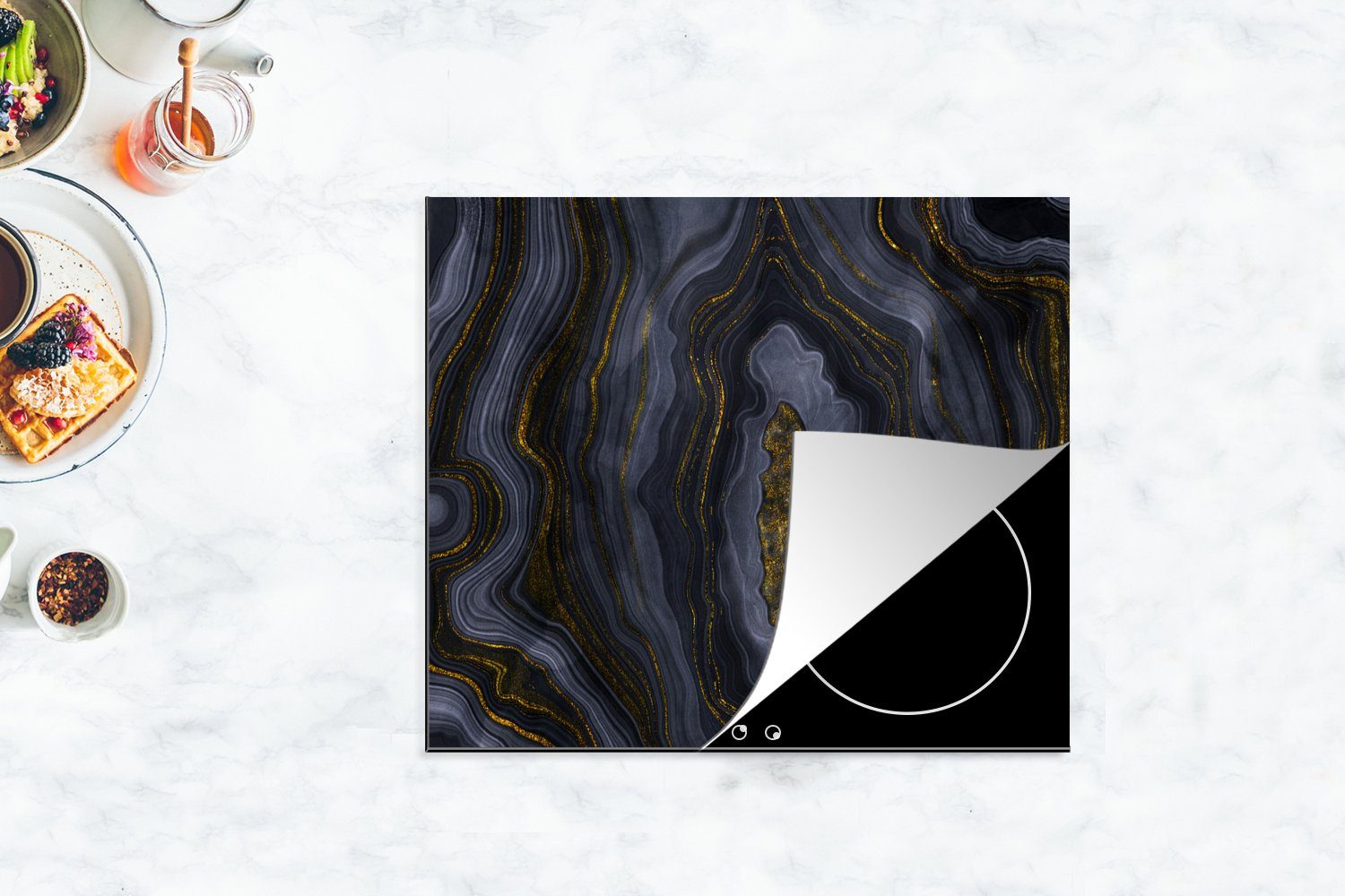 cm, Geode Gold, & Herdblende-/Abdeckplatte - MuchoWow tlg), Schwarz 57x51 Induktionsschutz, Induktionskochfeld, (1 Ceranfeldabdeckung Vinyl, - Achat