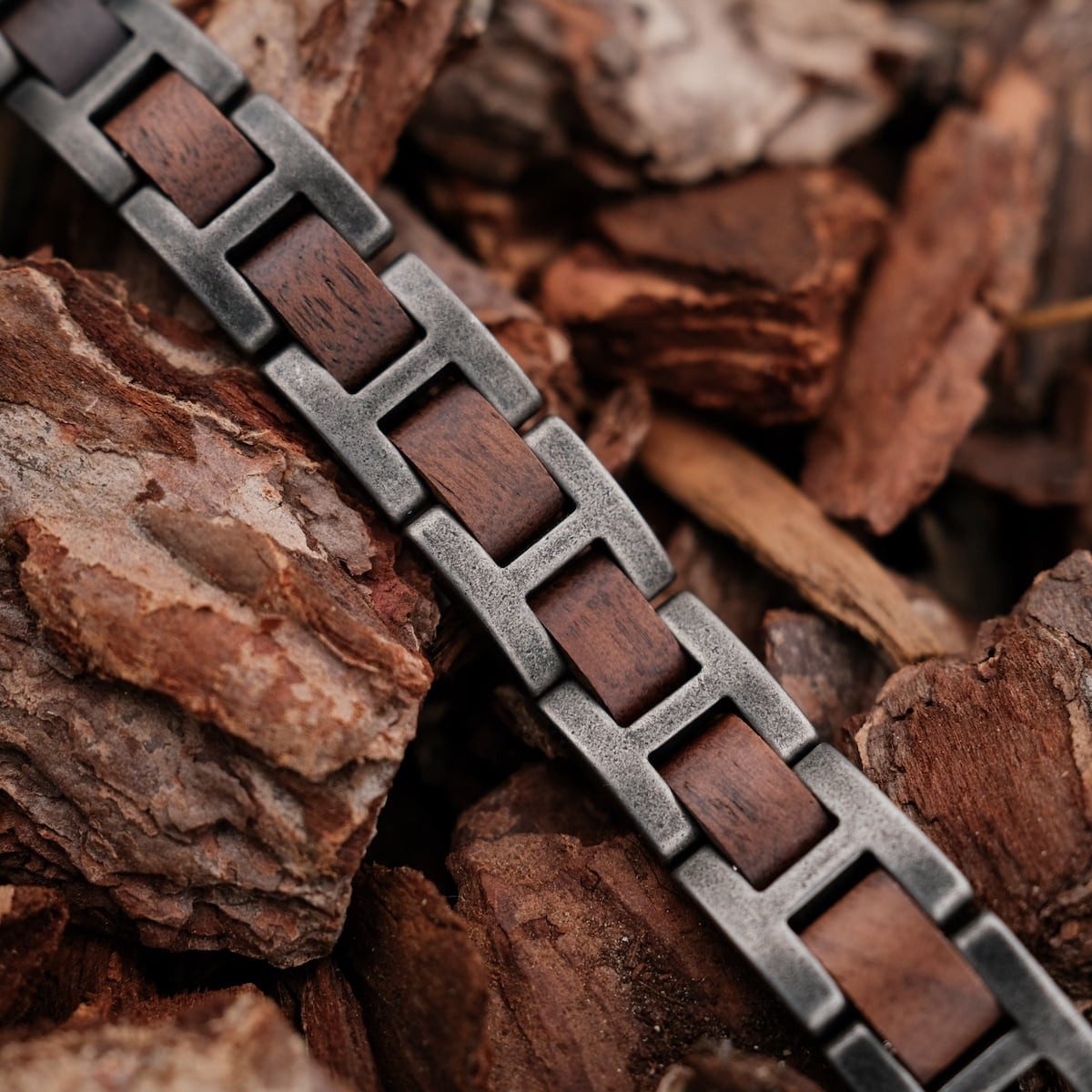 Holzkern Gliederarmband Herren-Edelstahl mit Holz Acoustic Walnuss/Antik-Silberfarben