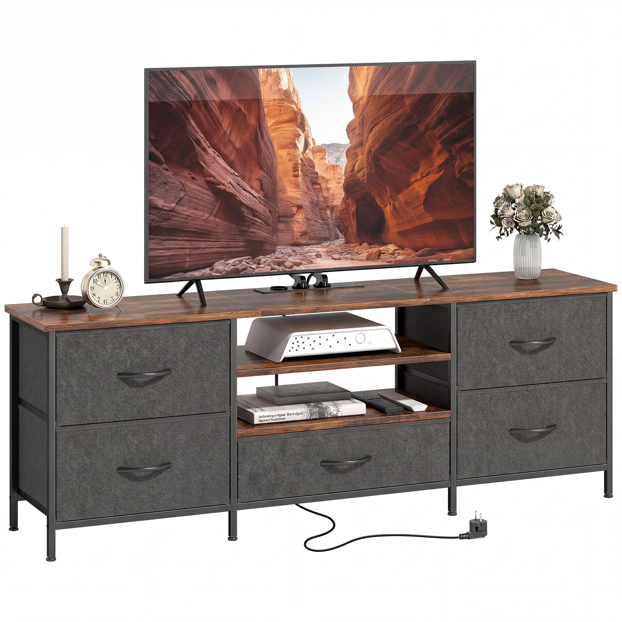 Nettlife TV-Schrank Braun 65 Zoll Fernseher Ladestation 5 Stoff Schubladen offenen Fächern 140 cm breit 140x30x50 cm für das Wohnzimmer