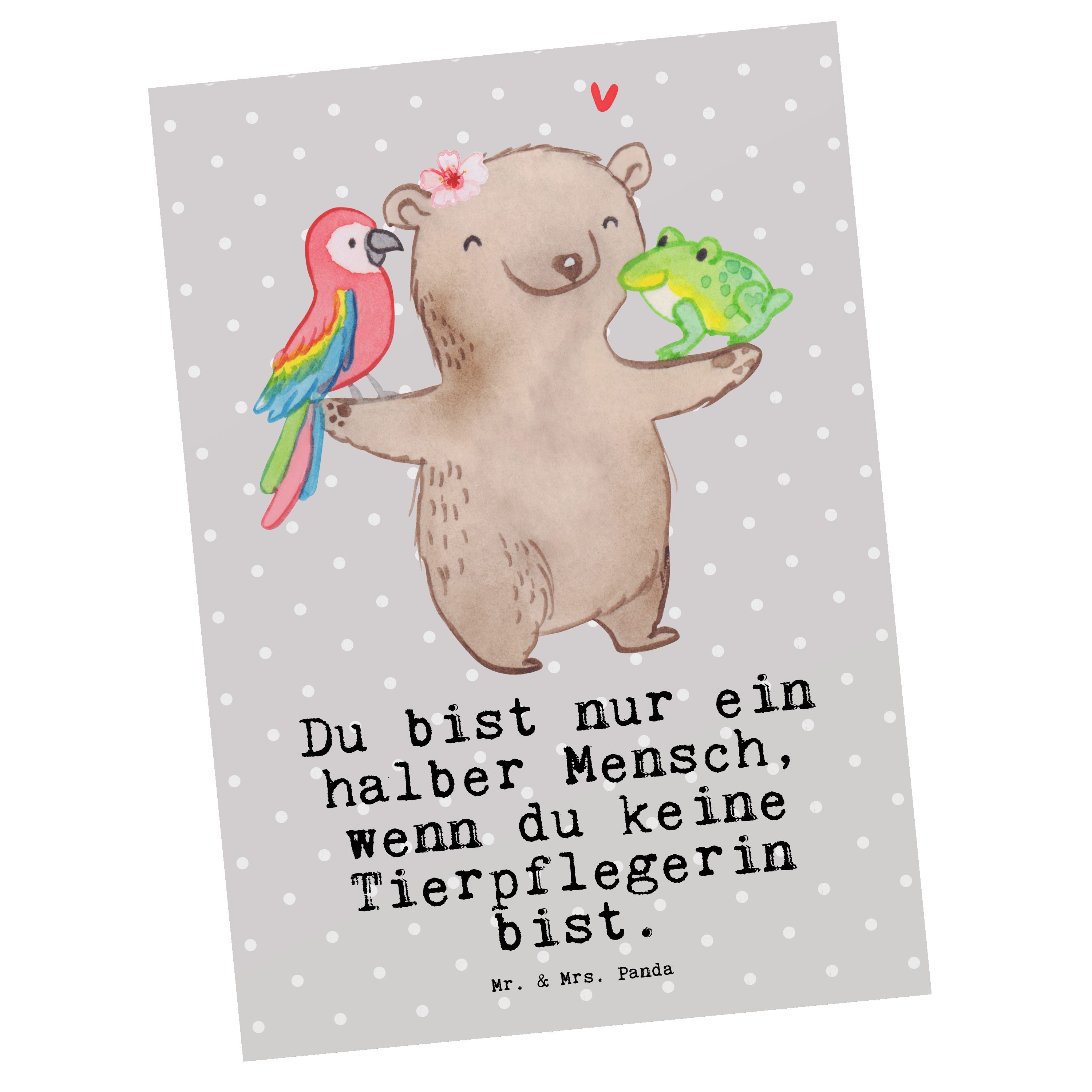 mit Geschenk, Karte, - Postkarte Grau & Pastell Tierpflegerin Dankeschön Herz - Mr. Mrs. Panda