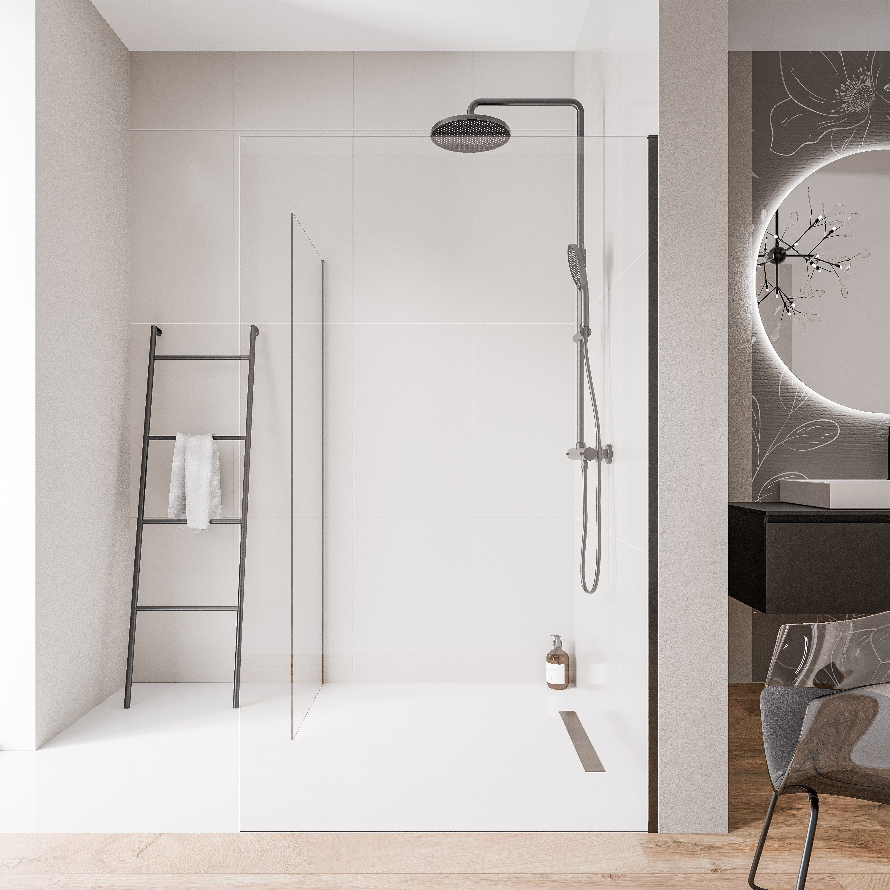 Bernstein Walk-in-Dusche EX102-2 Frontelement 80cm + Seitenelement 70cm, (Einzelelement), 10 mm Klarglas, Nano, 2 Glaswände, Schwarz matt, ohne Bodenprofil