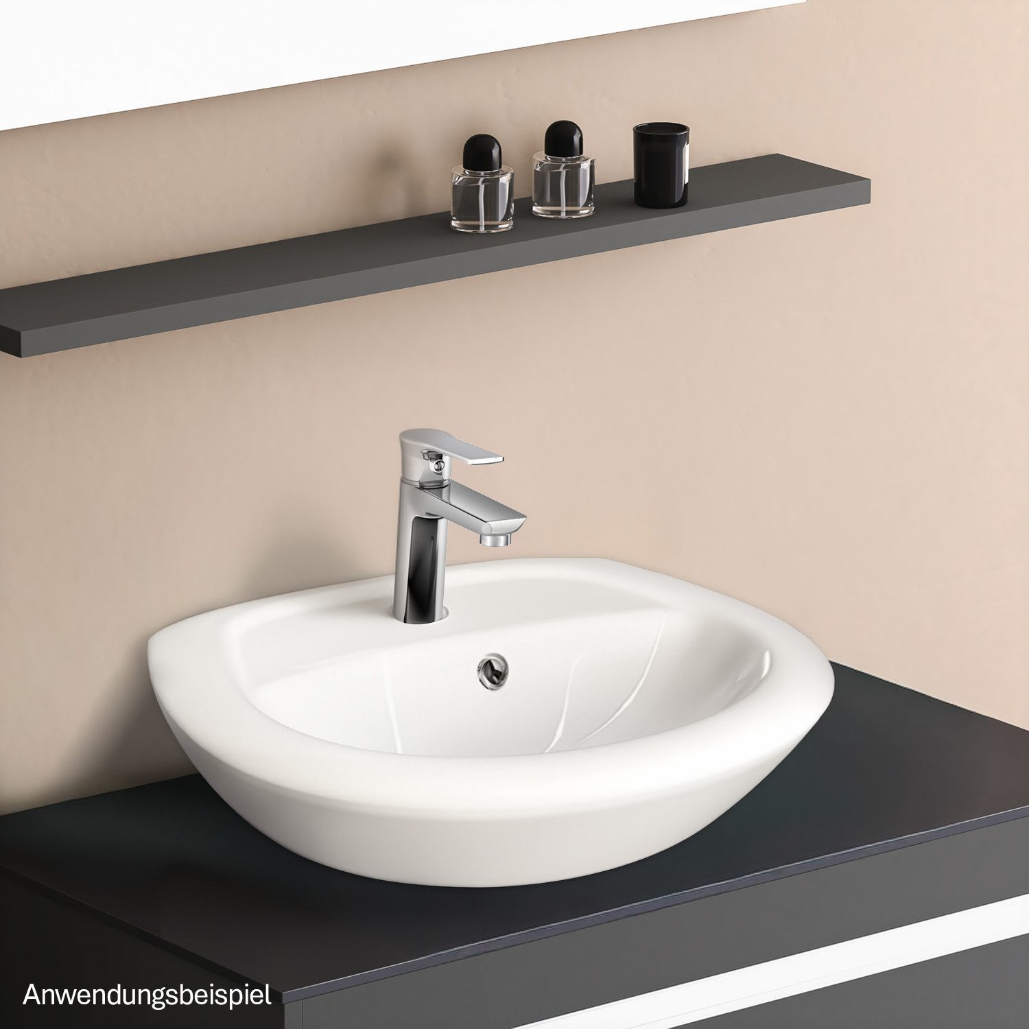 Stabilo Sanitär Waschbecken Hängewaschbecken weiß halbrund 46,5 cm aus Keramik mit Armaturenbank (Komplett-Set, mit Komplettset inkl. Abflussrohr und Abflusssto – Bild 2 von 5