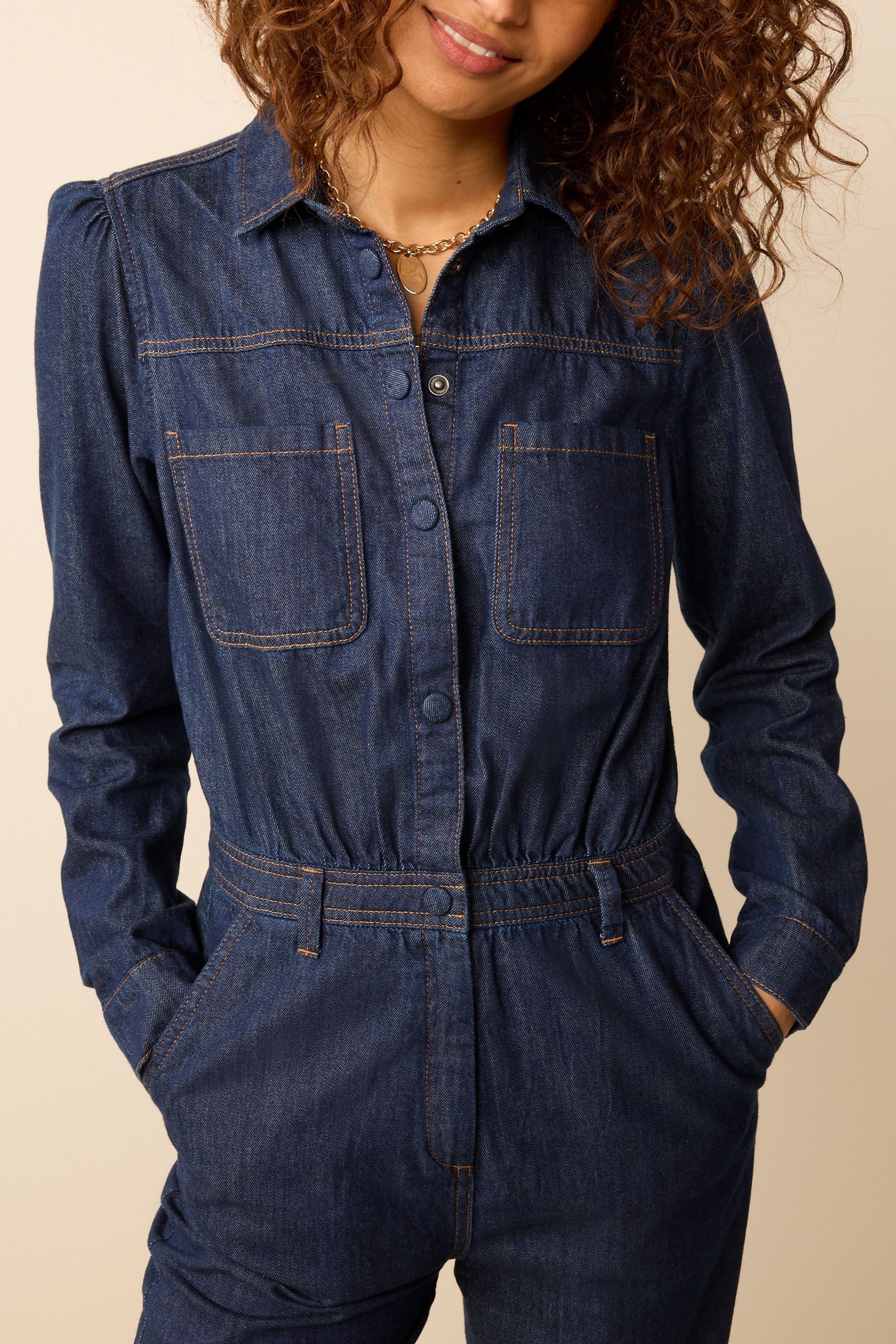 mit Knopfleiste Next (1-tlg) durchgehender Denim-Overall Jumpsuit