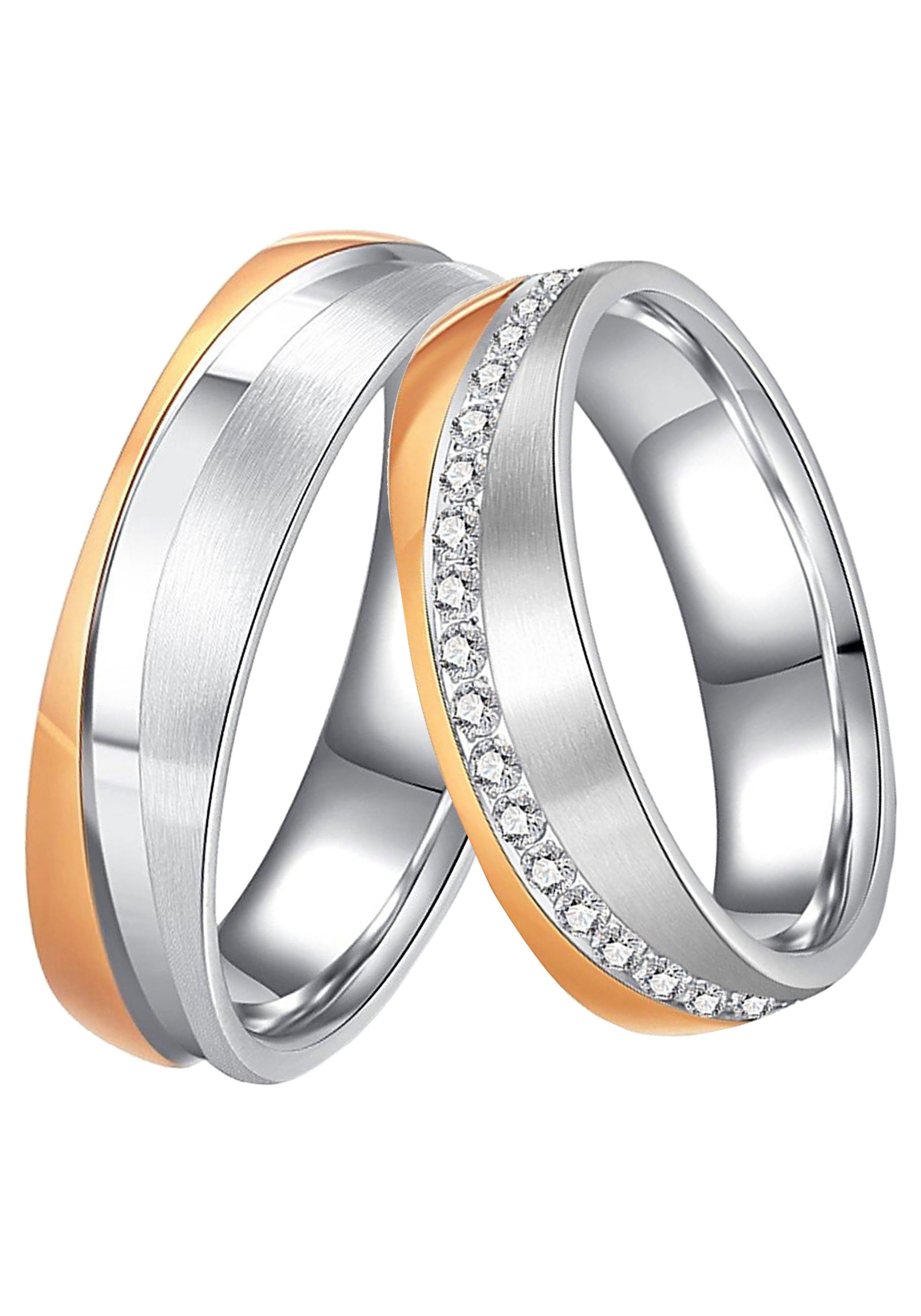 LIEBE, Trauring o. ohne Trauring mit Zirkonia Ehering Schmuck Geschenk edelstahlfarben-roségoldfarben DOOSTI Edelstahl Partnerring