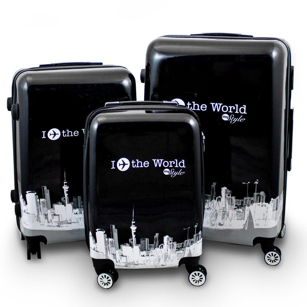Berwin Trolleyset Design Kofferset 3-teilig - Fly the World Black, 4 Rollen, (Set, 3 tlg., MS-17005)