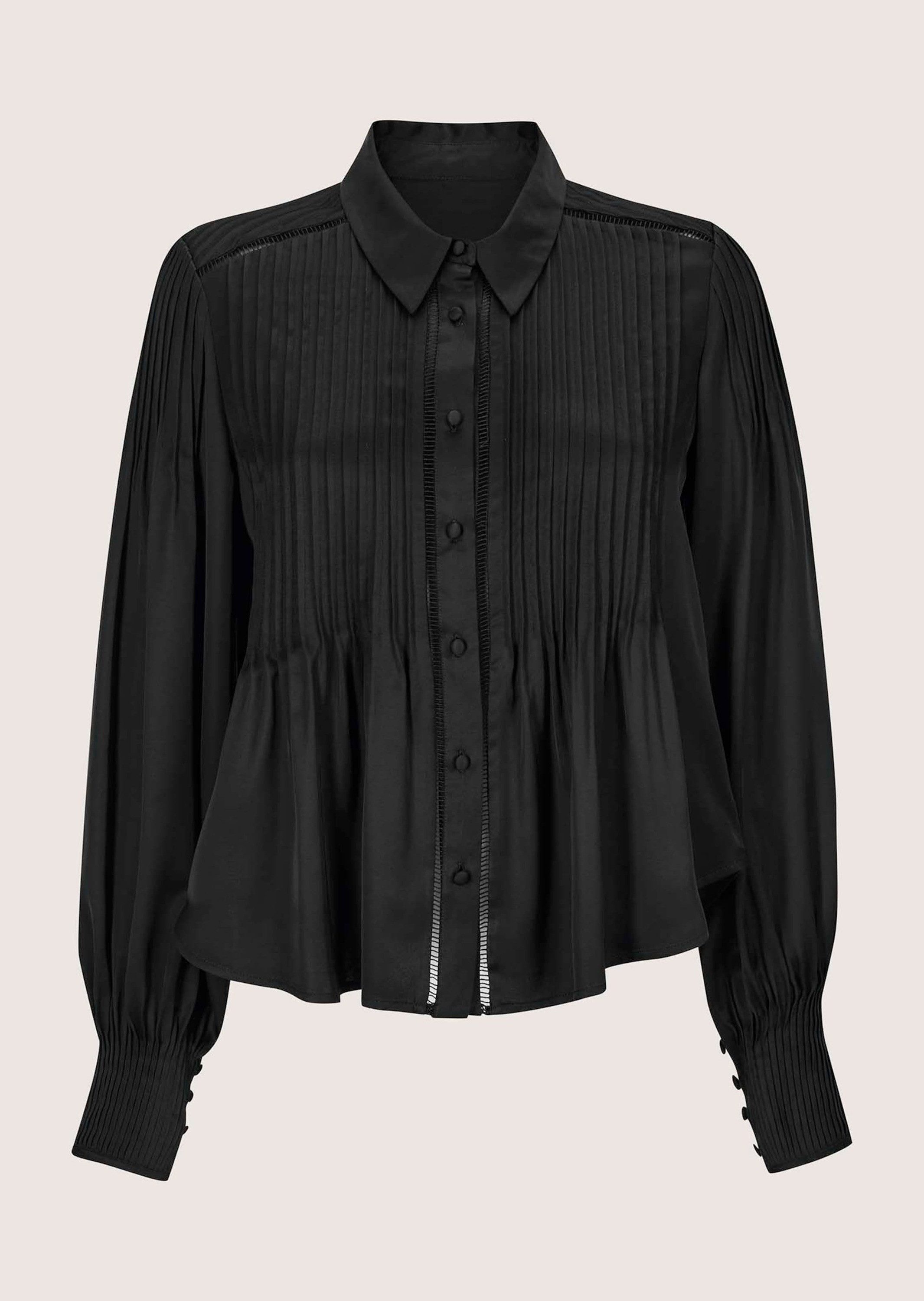 MADELEINE Langarmbluse Elegante Viskosebluse mit Knopfleiste Zierband und Biesen, Hemdkragen, lange Ärmel
