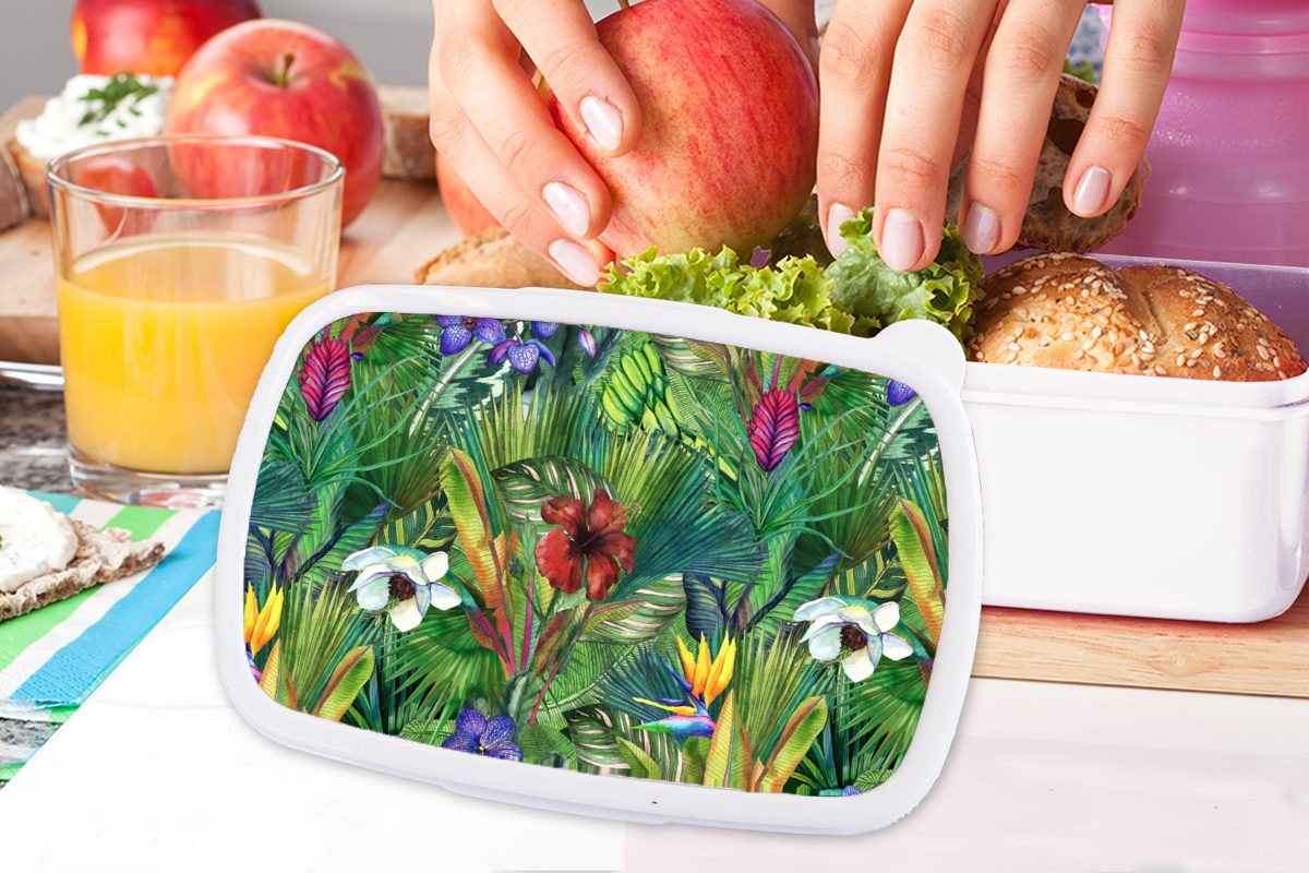 (2-tlg), Kunststoff, für für Kinder Erwachsene, - - Brotdose, und Dschungel Jungs Muster, Brotbox Regenbogen MuchoWow Flora weiß und Mädchen - Lunchbox