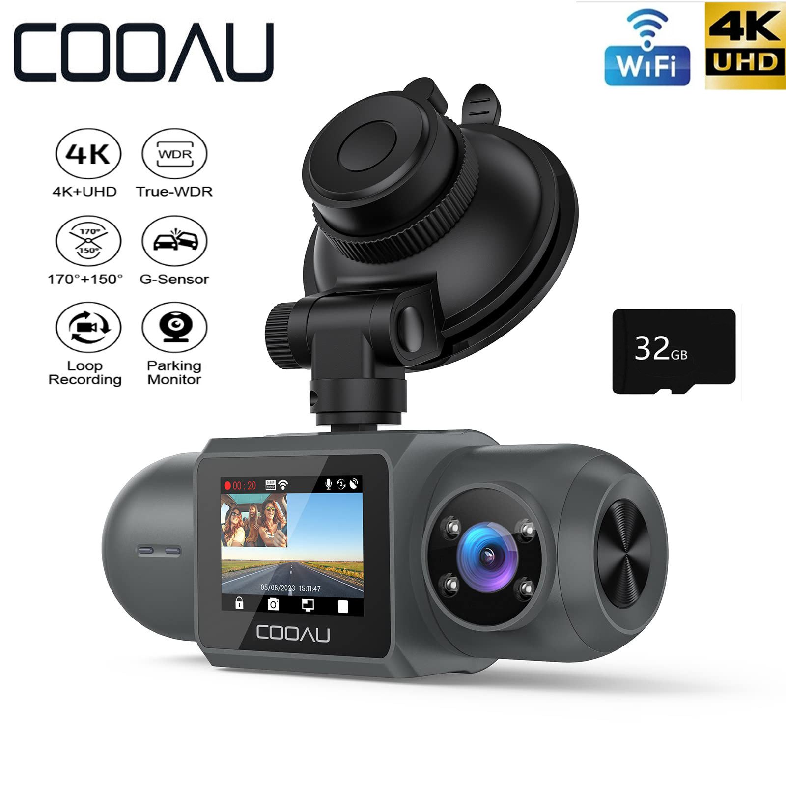 COOAU Dashcam Auto Vorne Hinten 4k/1080P WiFi GPS Dual Dash Cam mit 32GB SD Dashcam (4K Ultra HD, WLAN (Wi-Fi), 4x opt. Zoom, APP-Verbindung, Sprachauf zeichnung, Unfallsperre, mit Loop-Recordning, G-Sensor-Erkennung,und 24-Stunden Parkmonitor)