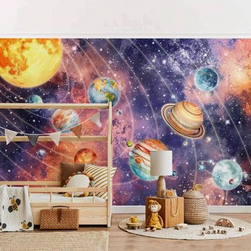 Bilderdepot24 Kindertapete Sonnensystem Aquarell Illustration Kinder Weltall bunt modern, Glatt, Matt, (Inklusive Gratis-Kleister oder selbstklebend), Mädchenzimmer Jungenzimmer Babyzimmer Bildtapete Fototapete Wandtapete