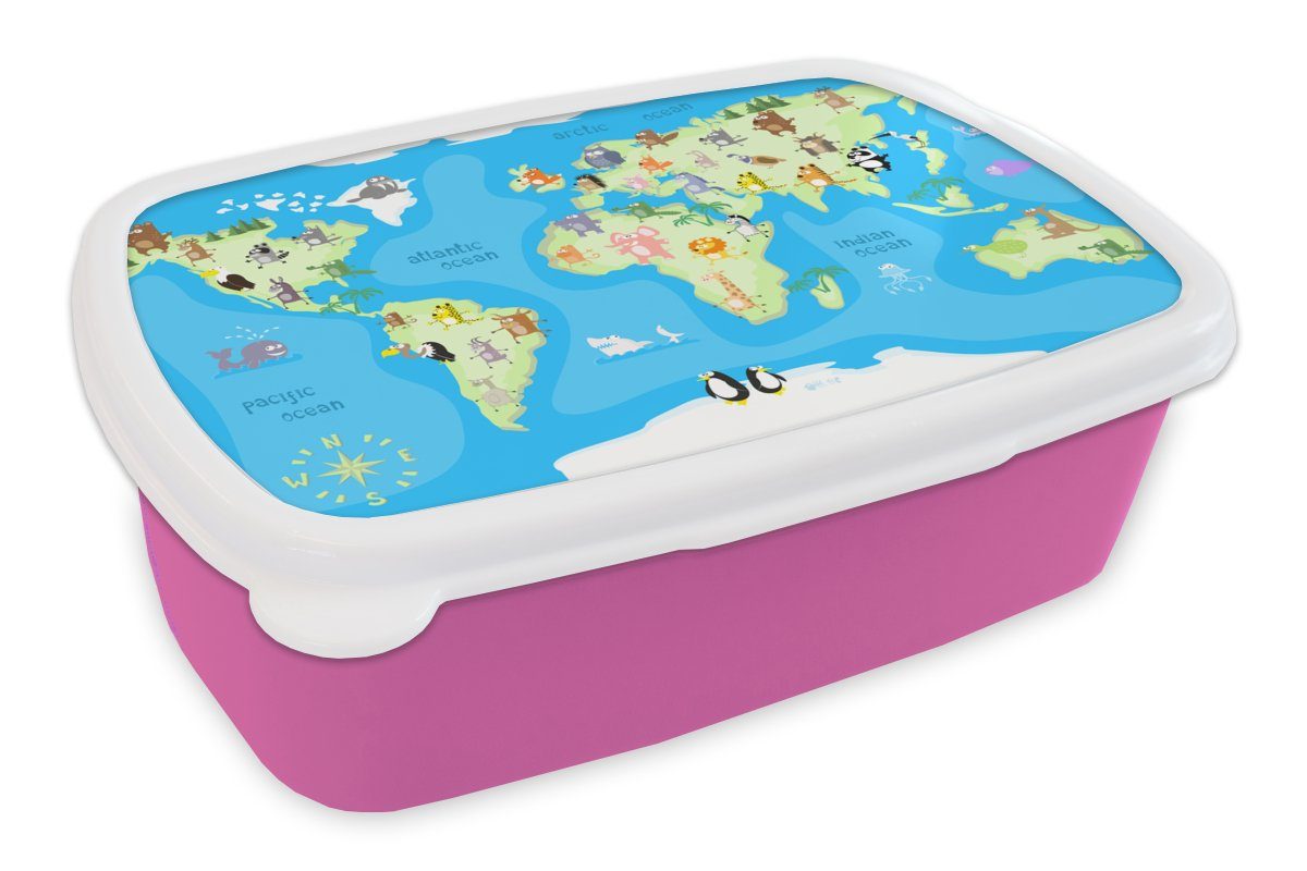 MuchoWow Lunchbox Weltkarte - Kind - Tiere - Blau - Jungen - Mädchen, Kunststoff, (2-tlg), Brotbox für Erwachsene, Brotdose Kinder, Snackbox, Mädchen, Kunststoff rosa