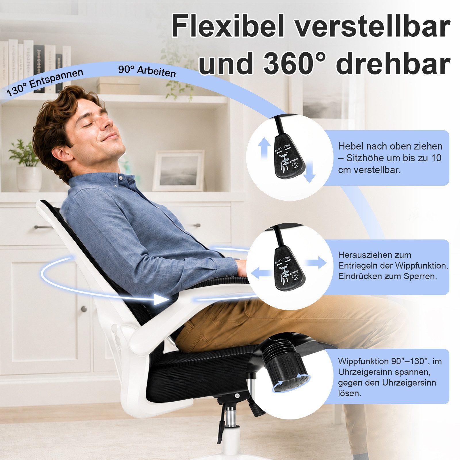 Durrafy Bürostuhl Ergonomischer Bürostuhl,Schreibtischstuhl mit klappbaren Armlehnen, Chefsessel mit 150 kg Tragfähigkeit – Bild 4 von 5