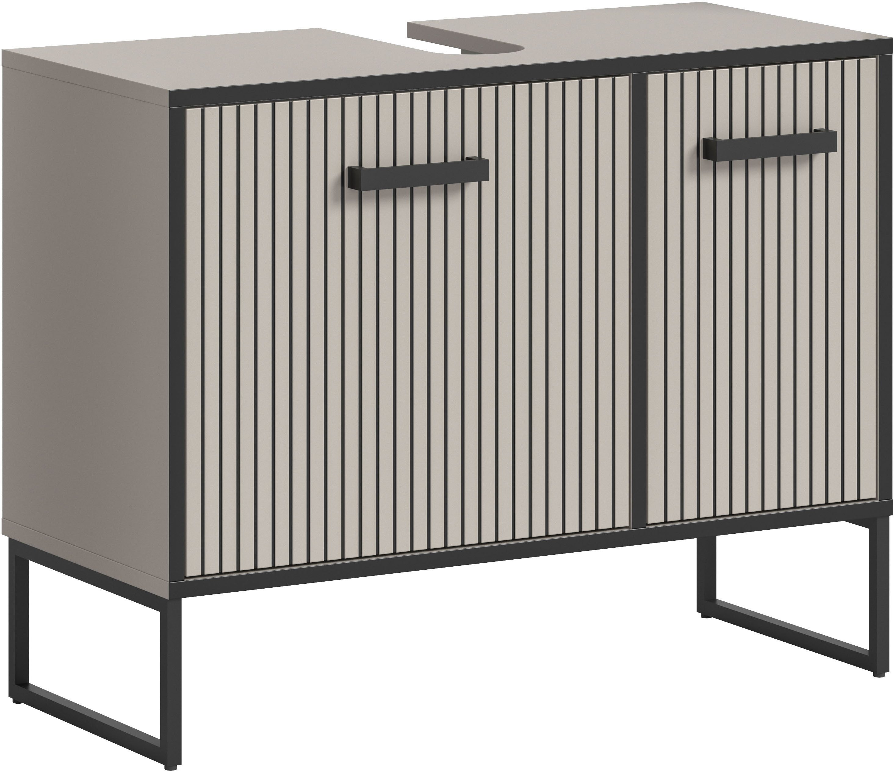 welltime Waschbeckenunterschrank LOCRI, Höhe 63 cm, 2 Türen, 2 Einlegeböden, mit Siphonausschnitt (1-St., industrial Look mit Rillenoptik & Metall Kufen) Badmöbel, Badschrank, Badkommode, Kommode, Schrank, Bad, Badezimmer