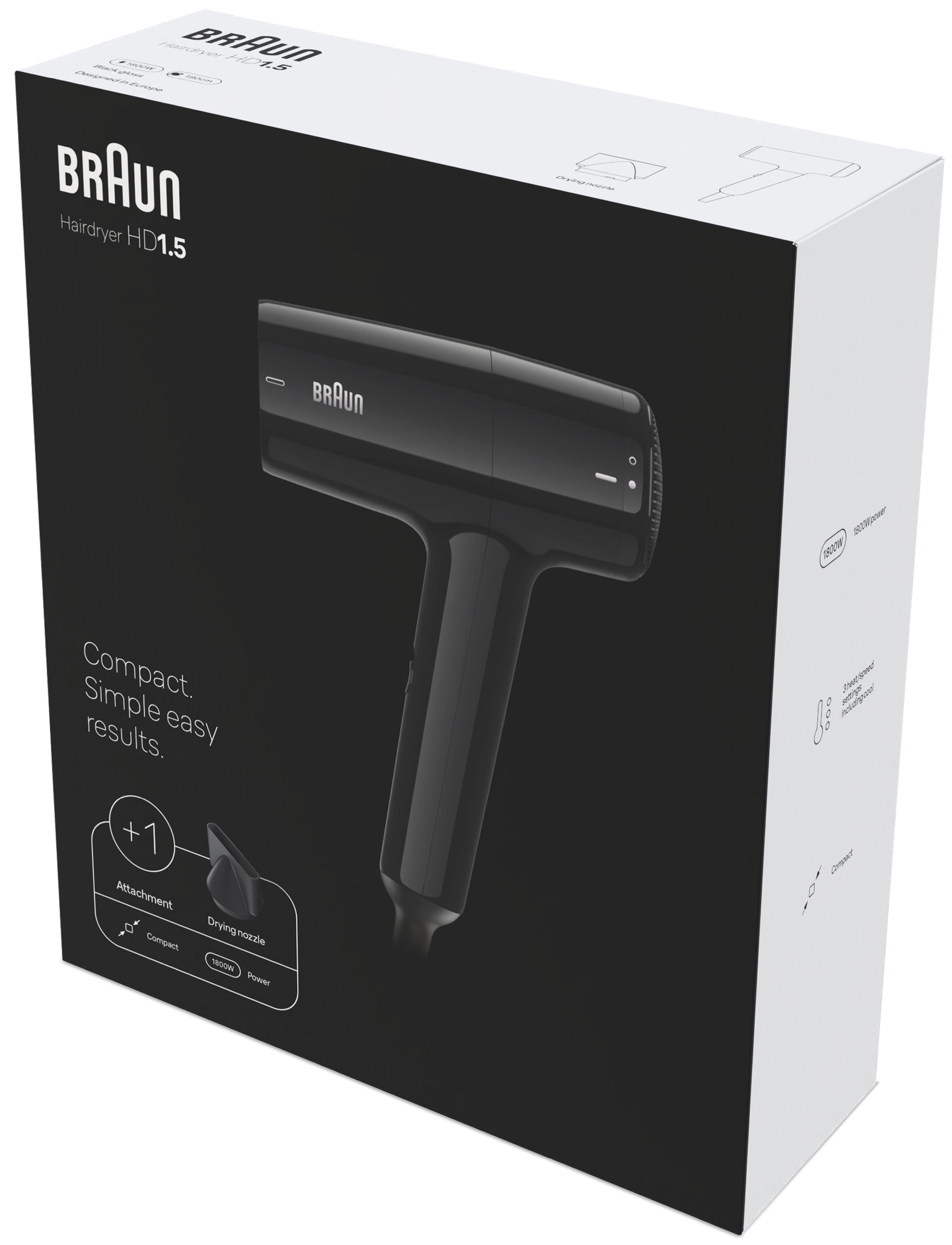 Braun Haartrockner HD1.5, kompakter und leichter Föhn, BRHD150E, 1800 W, 1800W, 3 Heiz- und Geschwindigkeitsstufen, Fön mit Aufsatz