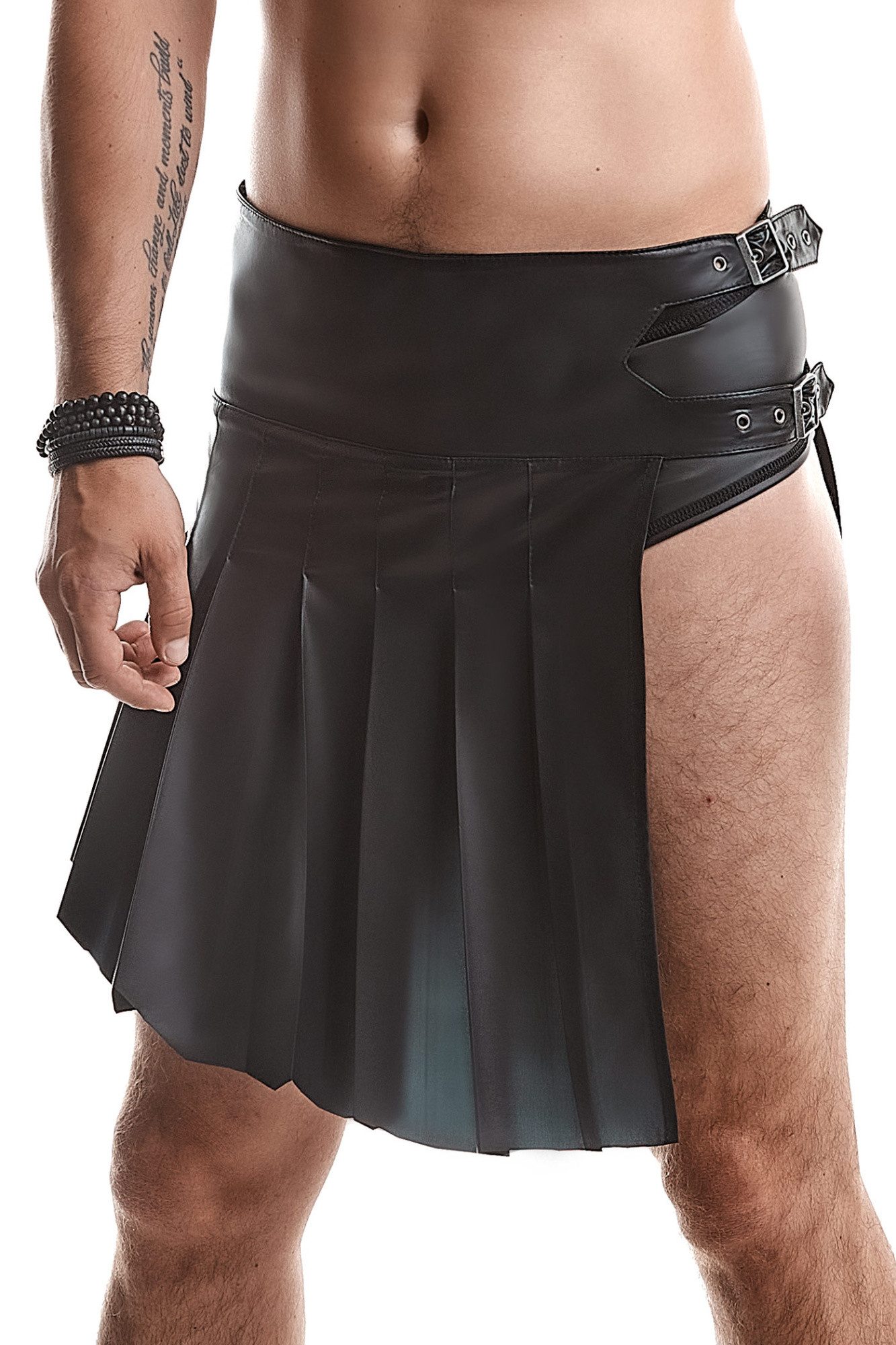 Regnes Fetish Planet Faltenrock Herren wetlook Rock schwarz Faltenrock im Gladiator Stil mit Schlitz u