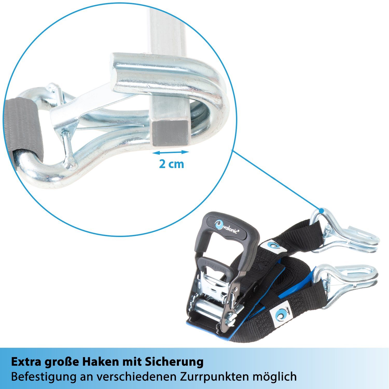 valonic Spanngurt valonic BUFFALO 2x Spanngurte mit Ratsche & Haken - 38mm (2er Set, 2 Stück Spanngurt mit Ratsche) gepolsterte Ratschengurte mit robusten Haken